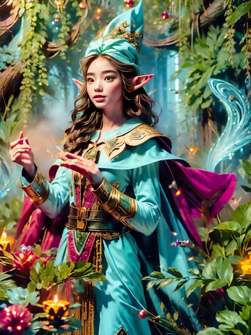 1girl, (Elf Magician:1.5)，Magic energy gathers in the palm of your hand, Autumn braids and cape flying in the wind, The delicate leaf-shaped armor shimmers in the mysterious forest mist behind her, A wolf stood firmly beside her, Prepare for an adventure, Dynamic fantasy scenery, Radiant lighting