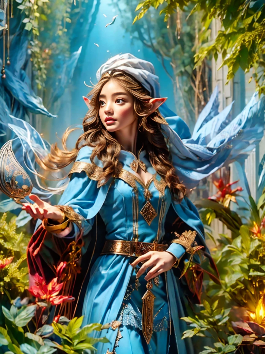 1girl, (Elf Magician:1.5)，Magic energy gathers in the palm of your hand, Autumn braids and cape flying in the wind, The delicate leaf-shaped armor shimmers in the mysterious forest mist behind her, A wolf stood firmly beside her, Prepare for an adventure, Dynamic fantasy scenery, Radiant lighting