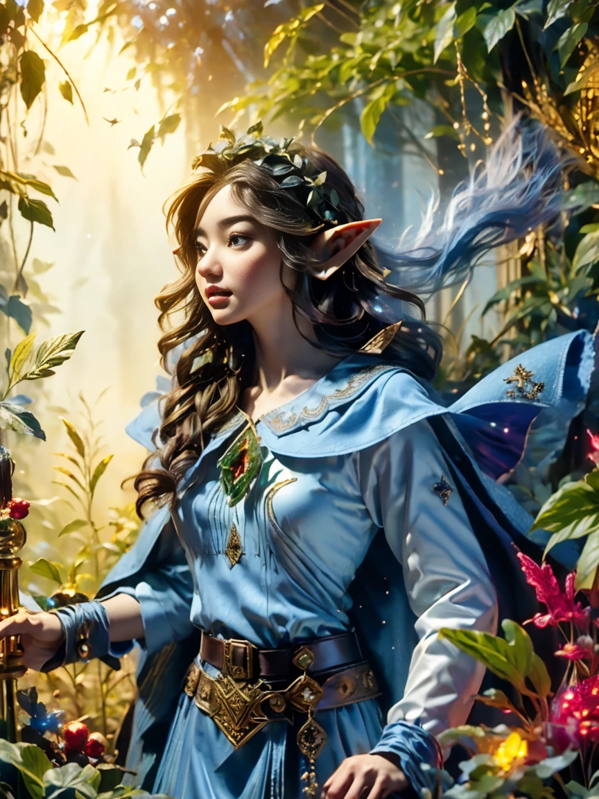 1girl, (Elf Magician:1.5)，Magic energy gathers in the palm of your hand, Autumn braids and cape flying in the wind, The delicate leaf-shaped armor shimmers in the mysterious forest mist behind her, A wolf stood firmly beside her, Prepare for an adventure, Dynamic fantasy scenery, Radiant lighting