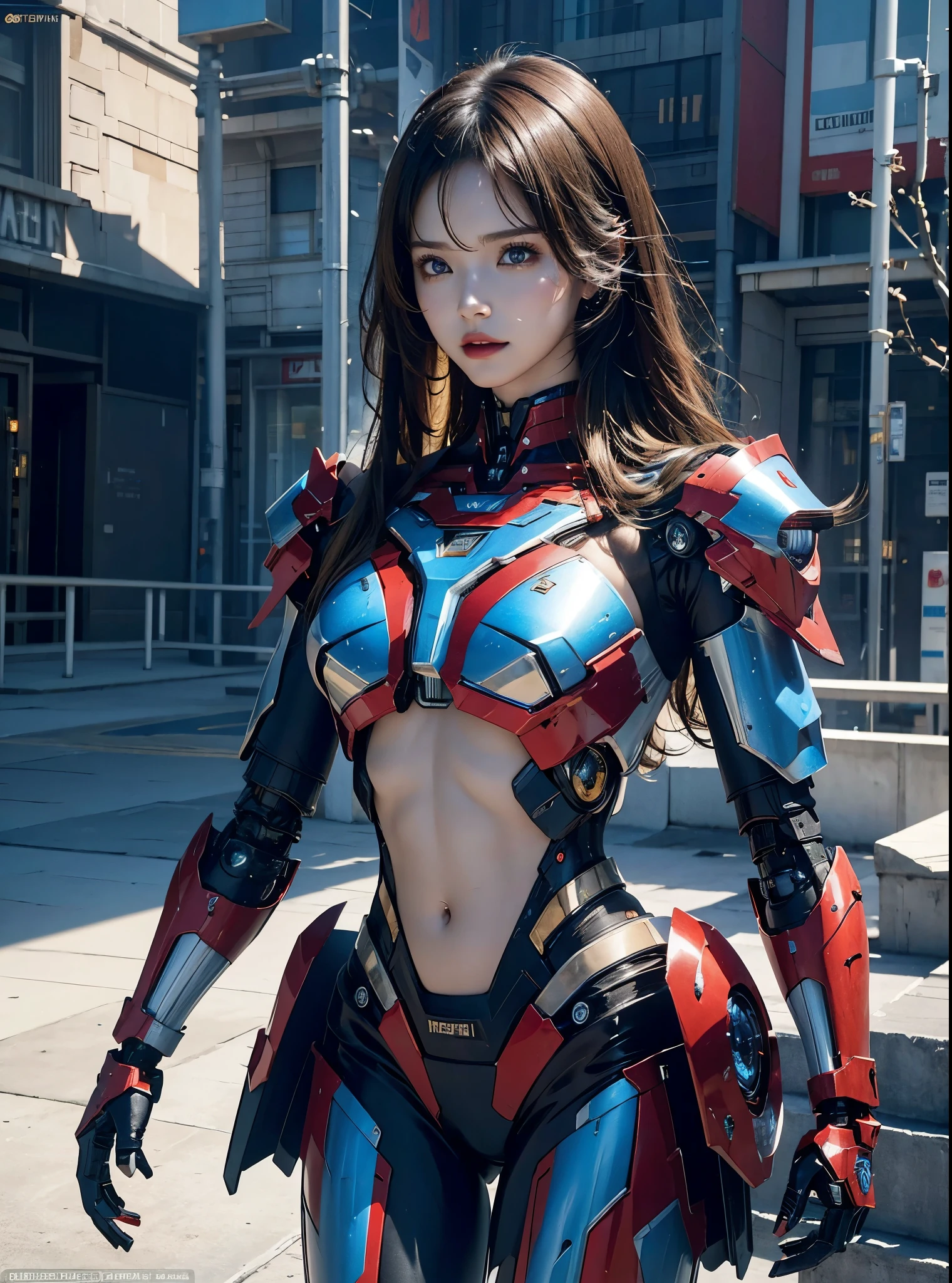 a beautiful girl in a revealing bikini mecha, full body shot, midriff exposed, navel, completely bare abdomen, (best quality,4k,8k,highres,masterpiece:1.2),ultra-detailed,(realistic,photorealistic,photo-realistic:1.37),highly detailed skin, intricate armor design, gleaming metallic bikini armor, glossy reflective surfaces, cinched waist, toned abs, flawless skin, dramatic lighting, dramatic poses, hyper realistic, vibrant colors, fantasy, sci-fi, concept art,textured skin, super detail, high details, anatomically correct, best quality, 4K,beautiful,(Iron Patriot),Beautiful cyborg woman,mecha robot ,Battle Mode, With mechanical body,She is wearing a futuristic ,Iron Patriot