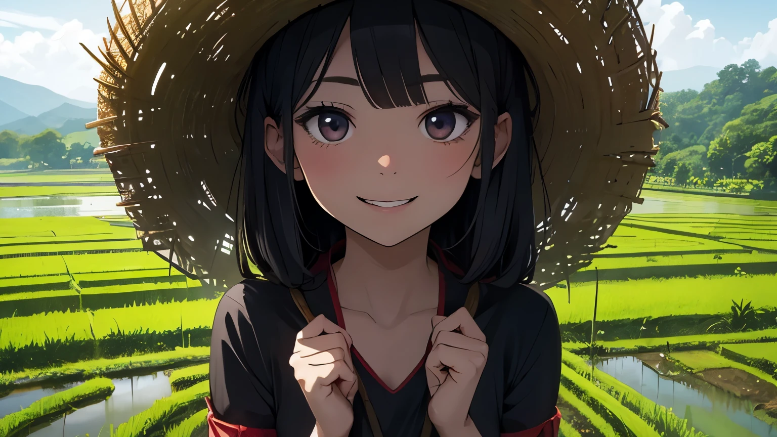 a traditional gils going to paddy field , girl smile like creepy style devil body shot . comic style art .dark background