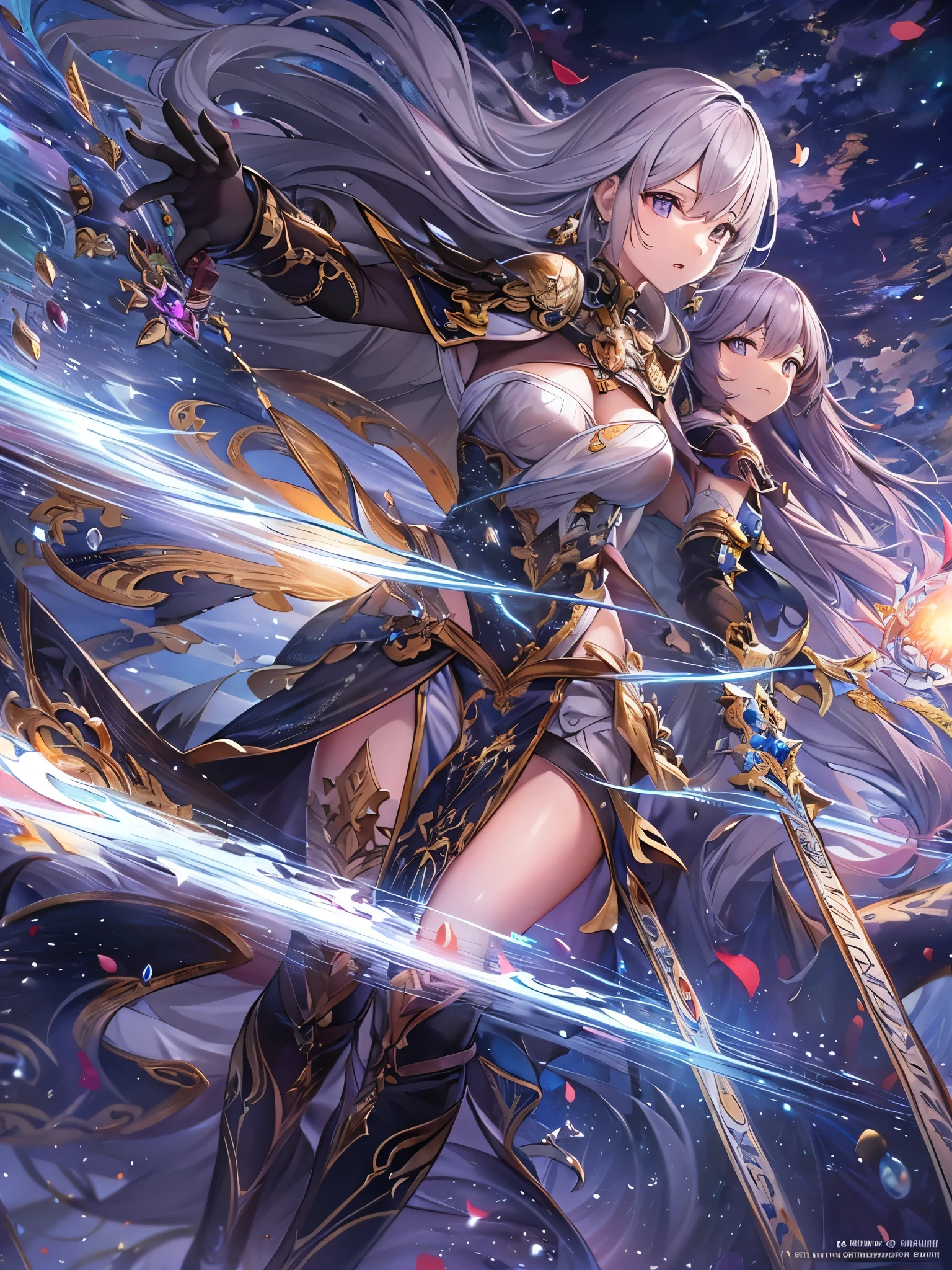 ((highest quality)),(Ultra-high resolution),(Very detailed),(Detailed Description),((The best CG)),(A masterpiece),Ultra-detailed art,Amazing drawing art,(Art with precise detail:1.5), (Female Heroes:1.4), Light, fight,