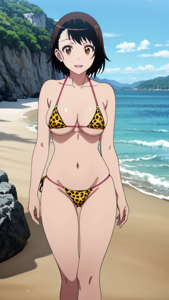 (masterpiece, 4K, highest quality, anime style: 1.9, Detailed face, Lovely, Ocean,Bold Line, High resolution, anime, Lake 4. alone, Curvaceous, slim,smile, Please open your mouth wide, 非常にslimなお腹, Cowboy Shot, (Leopard print micro bikini),1 girl,Brown eyes、Light brown short hair,slim,