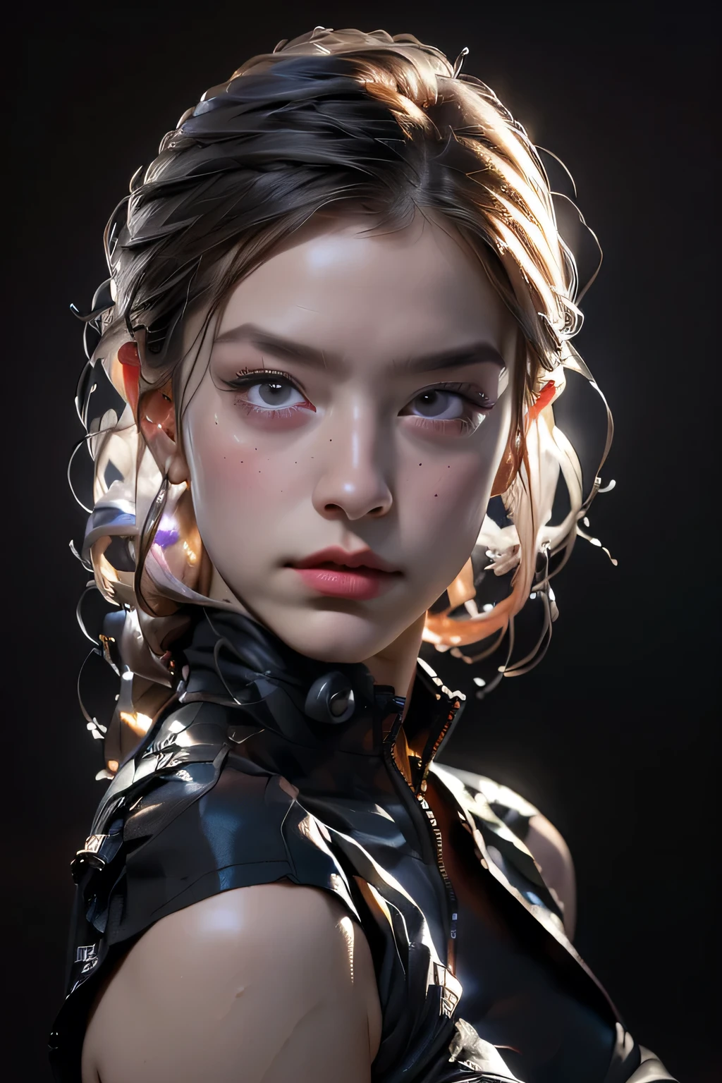 debtull face portrait photo of 25 year old European girl、born、Beautiful woman、Semi-open stbornberry lip、Dimples、A melancholic look、(Very long wavy brown hair)、((Detailed face))、((Detailed faceの特徴))、(debtine detailed skin)、Pale-skinned、(Black latex suit featuring a deep neckline)、Cyberpunk megacity environment、(Cool colors)、Moist、Moist、Reflective plate、(masterpiece)(Perfect Proportions)(Photo Real)(最high quality)(detailed)Photographed with Canon EOS R5、 50mm lens, debt / 2.8, Debtdebt, (8k) (wallpaper) (Light) (Dramatic lighting) (Sharp focus) (Complex), bornphoto, bornphoto, Gigachad Photos, Strike a pose for the camera, Black latex suit,8k UHD, Digital SLR, high quality, Grain Film, debtujifilmXT3, debtilm Stock Photo 4 Kodak Portra 400 Camera debt1.6 lenses Rich colors Ultra-realistic textures Dramatic lighting Unreal Engine Art Station Trends Cinestill 800 Tungsten, toughboy style、Ultra debtocus debtace、Intimidating、Battle positions、Short, unkempt hair、muscle、Rupture of a vein、beads, masterpiece, 最high quality, high quality, High resolution, ((In the cave)), Upper body portrait