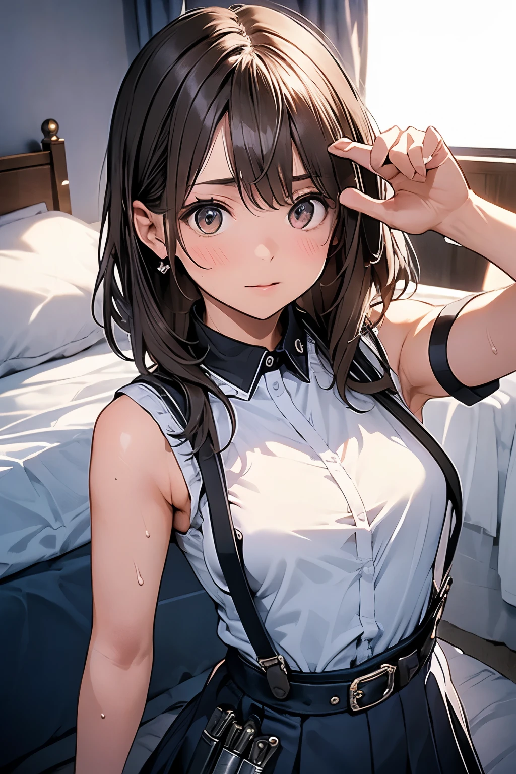 Staring at the audience　　　Black suspenders　　　bulging big breasts　　 　 　　　wall 　mini skirt　garterbelt　garter　　　　　　sight　　　Small face　 　　　holster　　　Beautiful woman　　Show your hand　　 Lying in bed　　sight 　　Taunt　side　side汗 　arm　　belt　summer　Armpit sweat