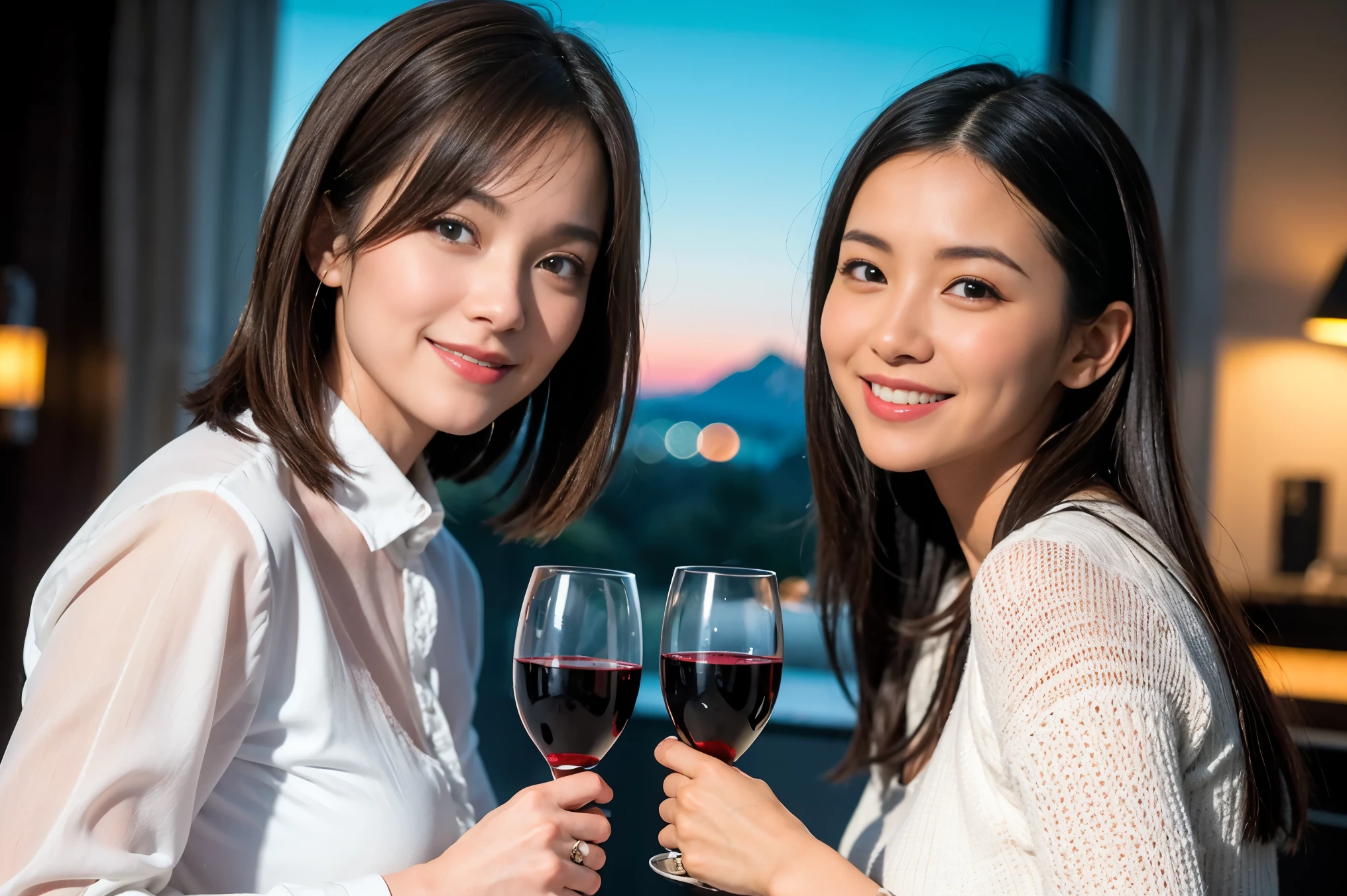 ((highest quality、8k、masterpiece:1.3))、1 male、1 female、Couple、Spouse、石原さとみ似美女Couple、The body is slim、((Bob Hale、Straight hair:1.2)), (Realistic, Intricate details:1.2), テーブルの上のwine glass、Put the light on your face、 Amazing view of the sunset sky and clouds、Amazing mountain views、A bright smile、The wonderfulness of smile、Bright image、The beauty of wine, Beautiful Face, blue eyes, The light shines on your face, Blushing, short hair,Bright Face、 (Age 35), 39 years old, red wine 、Appetizers、Italian food、Wine bottle、Champagne、sparkling wine、Two beauties、Brown Hair、Shortcuts、Long sleeve shirt、dress、Pretty Woman 1, (slimな顔), (The body is slim), (Brown Hair), (Shortcuts), cheeks turn a little red,Attractive beauty、restaurant, In a prominent place (From the waist up) Nova Frog Style, actress, model, Upper Body, White wine, slim, wine glass, 中央に置かれたwine glass, smile, (smile: 1.15), Beautiful fine grain, Depth f/2,saturation, High Contrast, Strong light and shadow,Moist Body:1.5、3D texture、Delicate eyes、Brown Hair、The hair is very shiny、