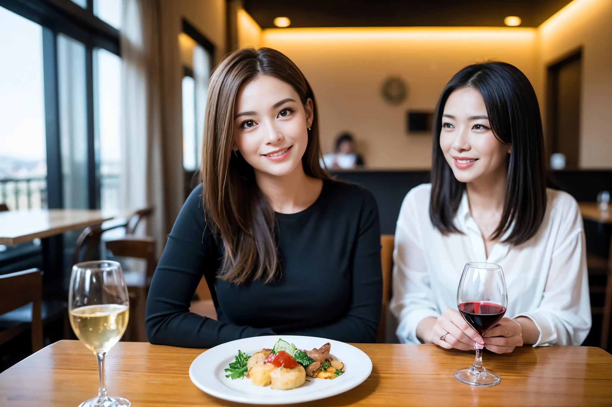 ((highest quality、8k、masterpiece:1.3))、1 male、1 female、Couple、Spouse、石原さとみ似美女Couple、The body is slim、((Bob Hale、Straight hair:1.2)), (Realistic, Intricate details:1.2), テーブルの上のwine glass、Put the light on your face、 Amazing view of the sunset sky and clouds、Amazing mountain views、A bright smile、The wonderfulness of smile、Bright image、The beauty of wine, Beautiful Face, blue eyes, The light shines on your face, Blushing, short hair,Bright Face、 (Age 35), 39 years old, red wine 、Appetizers、Italian food、Wine bottle、Champagne、sparkling wine、Two beauties、Brown Hair、Shortcuts、Long sleeve shirt、dress、Pretty Woman 1, (slimな顔), (The body is slim), (Brown Hair), (Shortcuts), cheeks turn a little red,Attractive beauty、restaurant, In a prominent place (From the waist up) Nova Frog Style, actress, model, Upper Body, White wine, slim, wine glass, 中央に置かれたwine glass, smile, (smile: 1.15), Beautiful fine grain, Depth f/2,saturation, High Contrast, Strong light and shadow,Moist Body:1.5、3D texture、Delicate eyes、Brown Hair、The hair is very shiny、