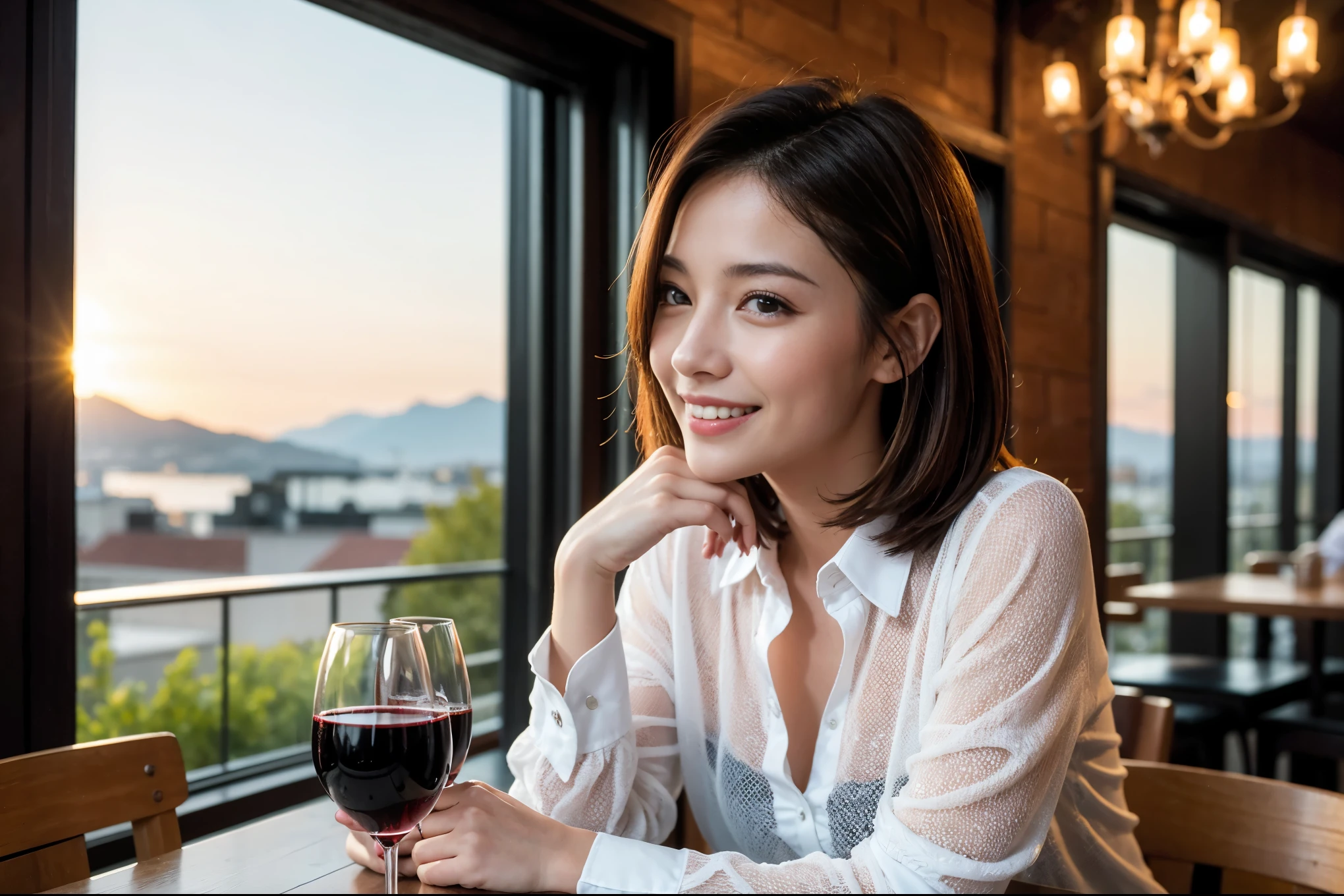 ((highest quality、8k、masterpiece:1.3))、1 male、1 woman who looks like Satomi Ishihara、Couple、Spouse、Couple、The body is slim、((Bob Hale、Straight hair:1.2)), (Realistic, Intricate details:1.2), Wine glass on the table、Shine light on your face、 Amazing view of the sunset sky and clouds、Amazing mountain views、A bright smile、The wonderfulness of smile、Bright image、The beauty of wine, Beautiful Face, blue eyes, The light shines on your face, Blushing, short hair,Bright Face、 (Age 37), 39 years old, red wine 、Appetizers、Italian food、Wine bottle、Champagne、sparkling wine、Two beauties、Brown Hair、Shortcuts、Long sleeve shirt、dress、Pretty Woman 1, (Slim face), (The body is slim), (Brown Hair), (Shortcuts), cheeks turn a little red,Attractive beauty、restaurant, In a prominent place (From the waist up) Nova Frog Style, actress, model, Upper Body, White wine, slim, wine glass, A wine glass placed in the center, smile, (smile: 1.15), Beautiful fine grain, Depth f/2,saturation, High Contrast, Strong light and shadow,Moist Body:1.5、3D texture、Delicate eyes、Brown Hair、The hair is very shiny、