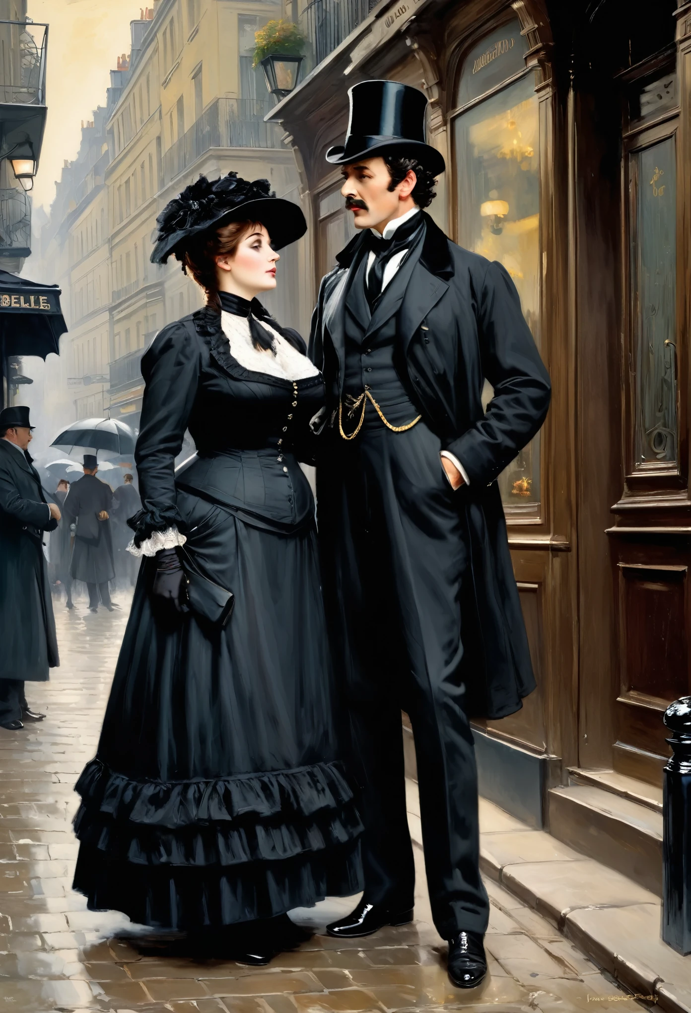 Full body shot of a Victorian Scene, sherlock holmes and a plump voluptuous buxom pretty Victorian widow in black clothes having a  flirt standing face to face in Baker street,
by Jean Béraud, inspired by Jean Béraud, inspired by Édouard Detaille, edouard leon cortes, inspired by Ivan Kramskoi, inspired by Jean-Louis-Ernest Meissonier, by Édouard Detaille, inspired by Paul Émile Chabas