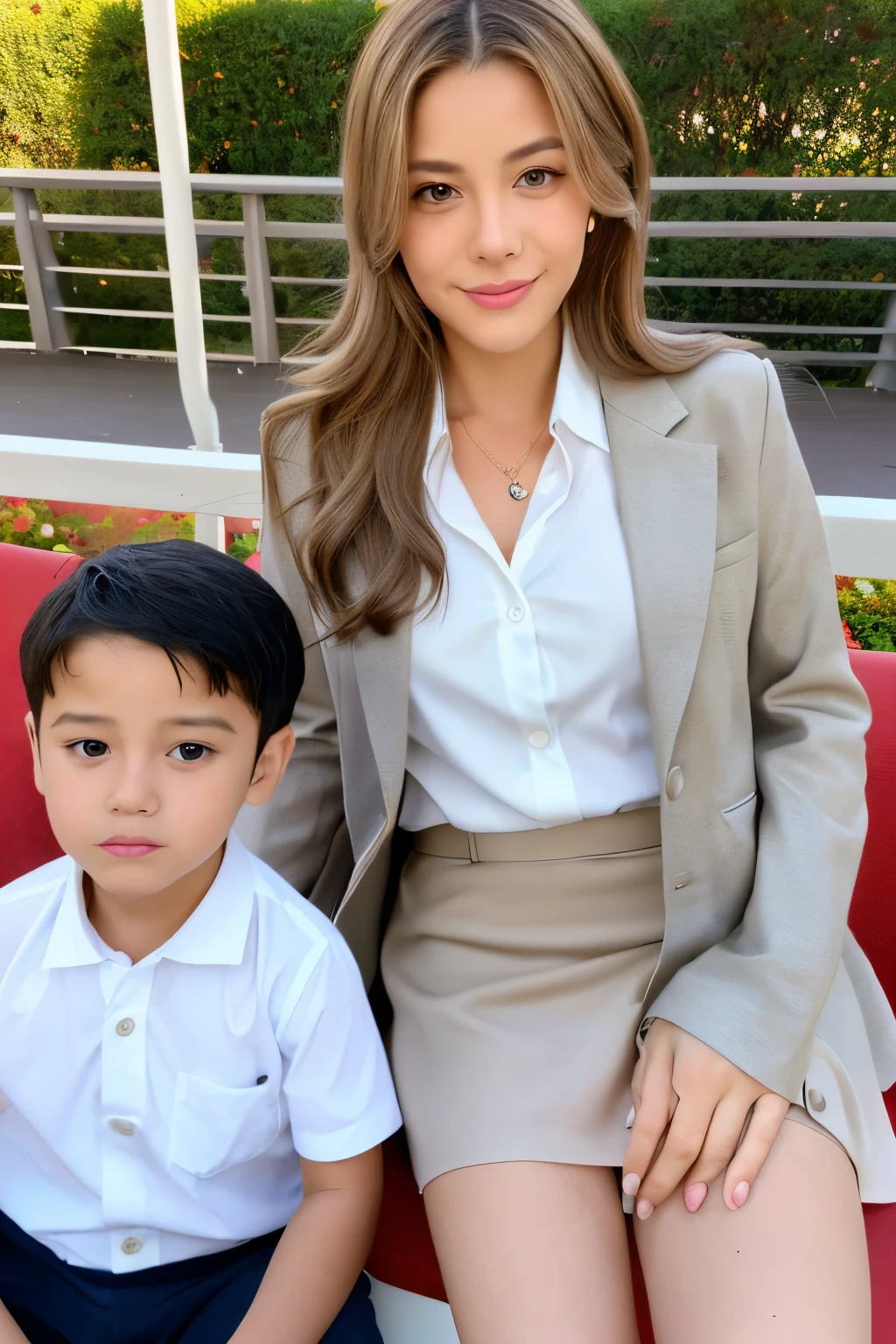 1 female、1 boy、(European:1.2)、(blonde)、(so beautiful)、(Beautiful Face:1.5)、(Brown Hair)、(Detailed face:1.5)、40-year-old woman、(With my son:1.8)、(Sit on a chair and spread your legs:1.2)、(Show me your white panties:1.2)、Grey blazer、(Short skirt)、White shirt、High heels、、Brown Hair、(Detailed face:1.5)、(At S.F.W.:1.6)