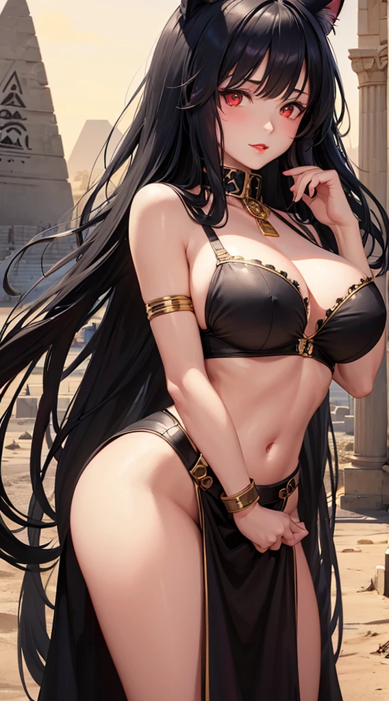 Detailed facial details,1 girl、Cat ear,Black long hair, Charming red eyes, Radiant Skin,red lips,Pure white bra,Cleopatra,Slim,Large Breasts,Facial details are very detailed, handcuffs,Collar,middle Ages,battlefield,desert,Stone road,pyramid