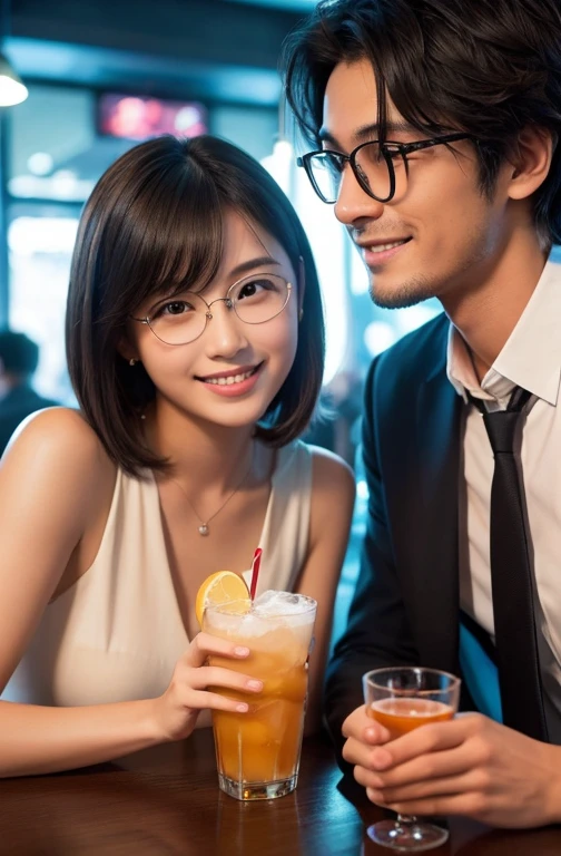 (masterpiece:1.2), high quality, High resolution, High-definition images like those taken with a high-end camera、Couple、banquet、The man is a 24-year-old Japanese man.、Cut your hair short、Black Hair、Curly hair、Beautiful woman holding glasses and a cup、The woman is an 18-year-old Japanese woman.、A lovely smile while drinking alcohol、The location is a dimly lit bar、In the background you can see a man and a woman enjoying a drink