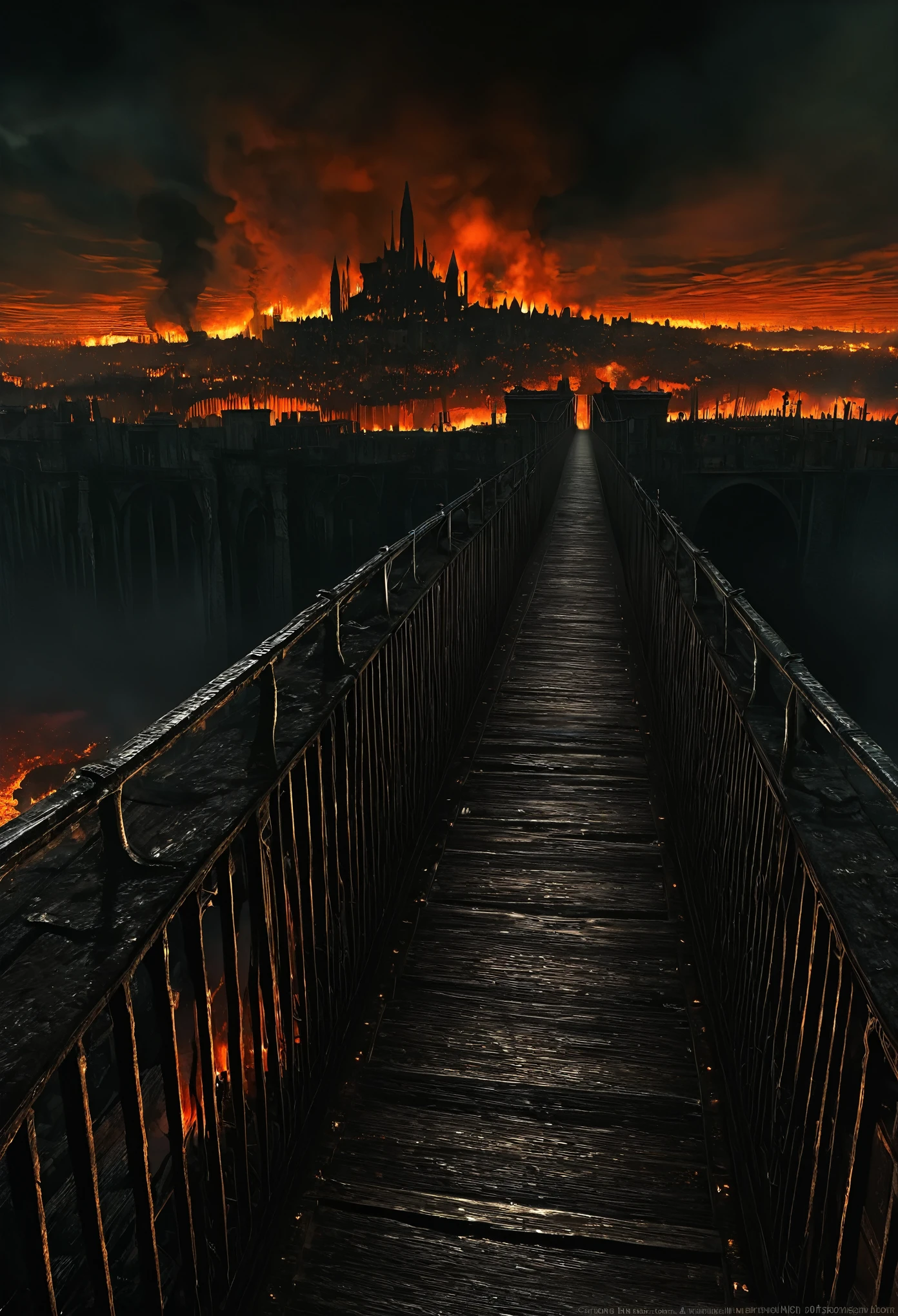Hell landscape,In the foreground are tall buildings and a bridge, Rendered in the refined and masterful style of Gustave Doré. The scene quality is the highest, With ultra-detailed elements and realistic effects. Capturing the hellish atmosphere with vivid and intense colors, Describe a fiery and sinister environment. The lighting is dramatic, Shadows and flickering flames add depth and contrast to the scene.. The bridge is the focal point, The road to the hell city in the distance. These buildings are exquisitely designed, Showing the grandeur and architecture of the underground world. The overall composition exudes a sense of darkness and despair, Evoke the powerful and memorable images of Dore's iconic illustrations.