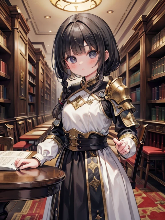 masterpiece, highest quality, Very detailed, 16k, Ultra-high resolution, Cowboy Shot, Detailed face, Perfect Fingers, A 13-year-old girl, black eye, Black Hair, Braid, Luxurious Western-style building, library, Bookshelf, table, Chair, Chairに座る, medieval armor