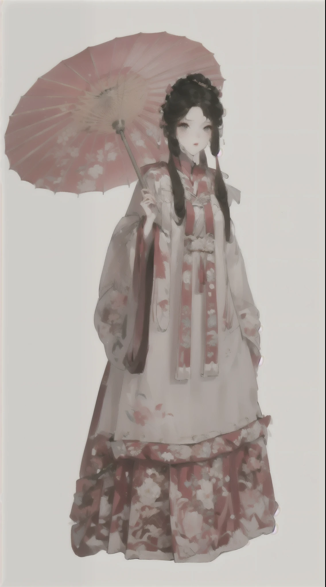 There is a person wearing Hanfu、A lady standing with an umbrella, palace ， a girl in Hanfu, guweiz, Artwork in the style of Guweiz, white Hanfu, Hanfu, 穿着Chinese Clothing, Wearing Chinese clothes, guweiz on pixiv artstation, Produced in collaboration with Anime Painter Studio, Chinese Clothing, ((wearing noble robes))