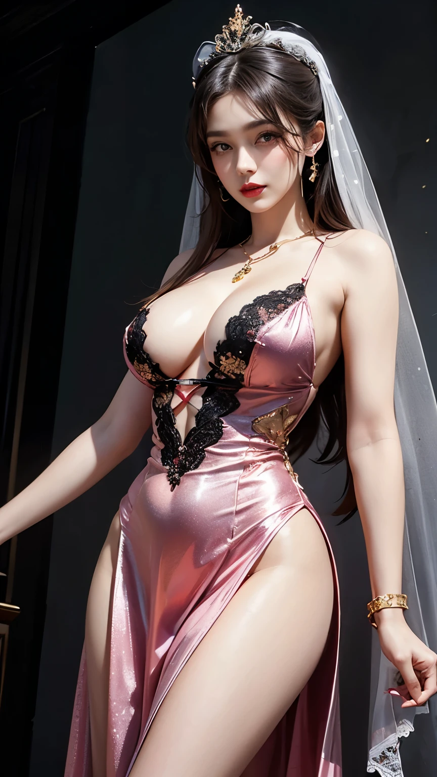 1 20-year-old girl, 1 Goddess Athena, Pink and purple silk dress, The beautiful and flawless face of the goddess Athena, fine yellow nightgown, Slim fit sequin pajamas,Decorated with lots of sexy black lace details, 1 beautiful thin red silk half veil, Legend of the Female Saint, Female saint icon, Beautiful goddess style glitter, Dark Mystery Version, red lips, plump red lips, University Teachers'Smile, mouth closed, fine and beautiful pino detailing, fine and beautiful lip detail, , (Pure and flawless face: 1.9), Female body, Round chest, Big and round breasts, Phoenix Brooch, Changping bangs, (7 Colors of Rainbow Hair: 1.9), Flower sticker tattoo on forehead, Beautiful clear face and well-proportioned eyes, (Transparent eyes: 1.8), (Big round eyes and heavy makeup, Sexy wet eye makeup, Very beautiful and detailed hair and makeup, long and fine blonde hair, fine, Body Image: 1.8), number: vivid, (Stars in the sky: 1.7), (The sky and the illusory gate of time and space: 1.8), Fictional Art, original photo, hanfu photos, Best photos, high resolution, best quality, Best photos, Best goddess quality, 8K female, Super ingle Saint Portrait, The most realistic color scheme, masterpiece, Best Beauty Brands, The best hair accessory, Brand real photos, Dark Studio, Frame Light, Two-color lighting, (Rose White Skin: 1.4), (High Skin Detail: 1.1), 8K Ultra HD, SLR camera, Soft Light, 8K, high quality, admit, Smooth volume、Clarity, 10 times more pixels, Sexy goddess, Sexy goddess, (Background Space: 1.8), (The most beautiful aurora eyes: 1.7), beautiful eyes, Aurora is as beautiful as flowers, (Beautiful single girl: 1.8), (more details:0.8),
