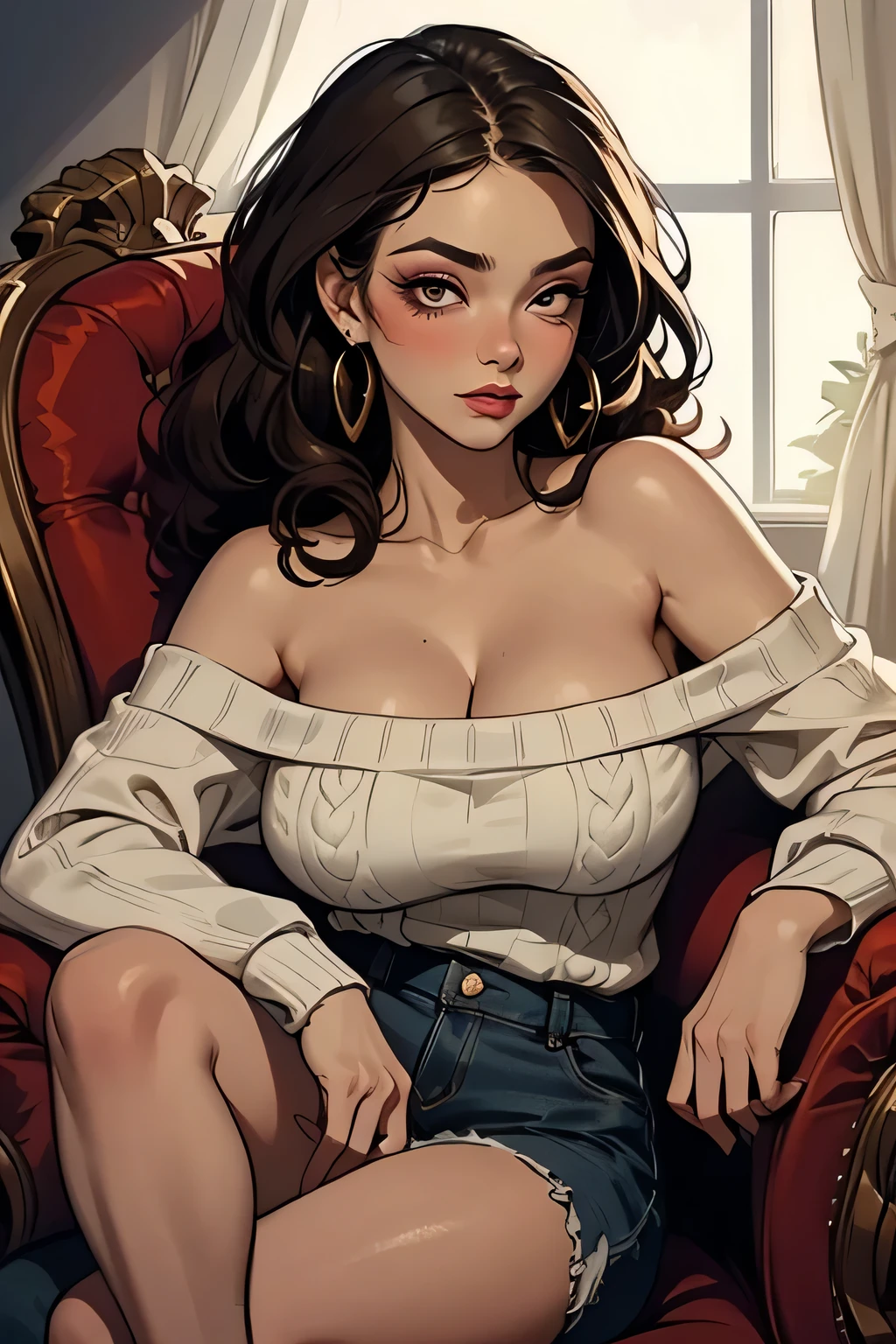 Amazing portrait of a sexy woman with a feral look in her eyes as she's sitting back in her chair with one leg crossed over the other wearing an oversized sweater that is showcasing her bare shoulders and her cleavage her brown hair is curly and messy and her makeup is elegant and sexy wearing elegant earrings and the overall atmosphere is intimate