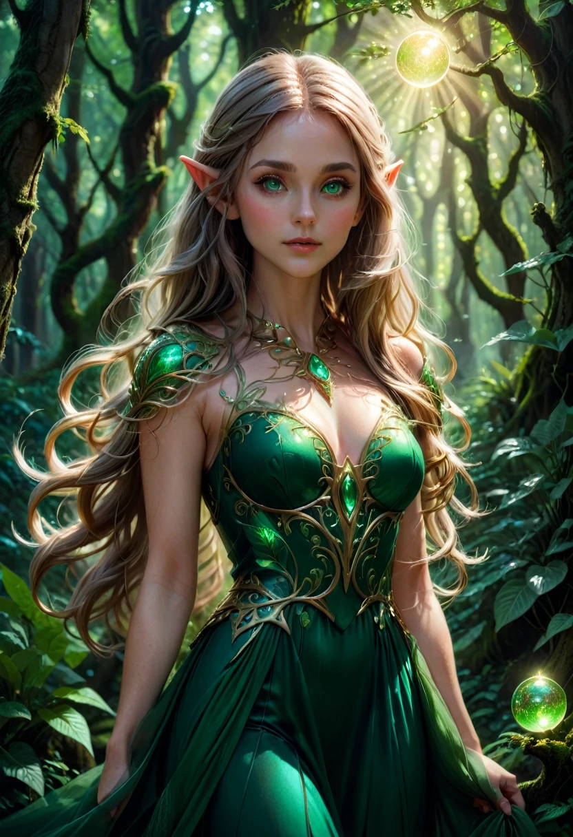 Beautiful girl, 25 years, long light golden hair, green eyes, long, thick eyelashes, Light Healer, Combat, in a simple green dress from the 19th century, shining sphere in hands, in the mansion, Fireflies, trees and plants, rose with thorns, unearthly beauty, fantasy, digital art, bright light, complex parts, Focus on the face, Exquisite, sharpness, depth, photorealism, professional photo, cgi, diffuse reflection, full hd wallpaper, epic, 64k, f/16, 1/300s, s750, HDR, ultrahd, 50mm lens