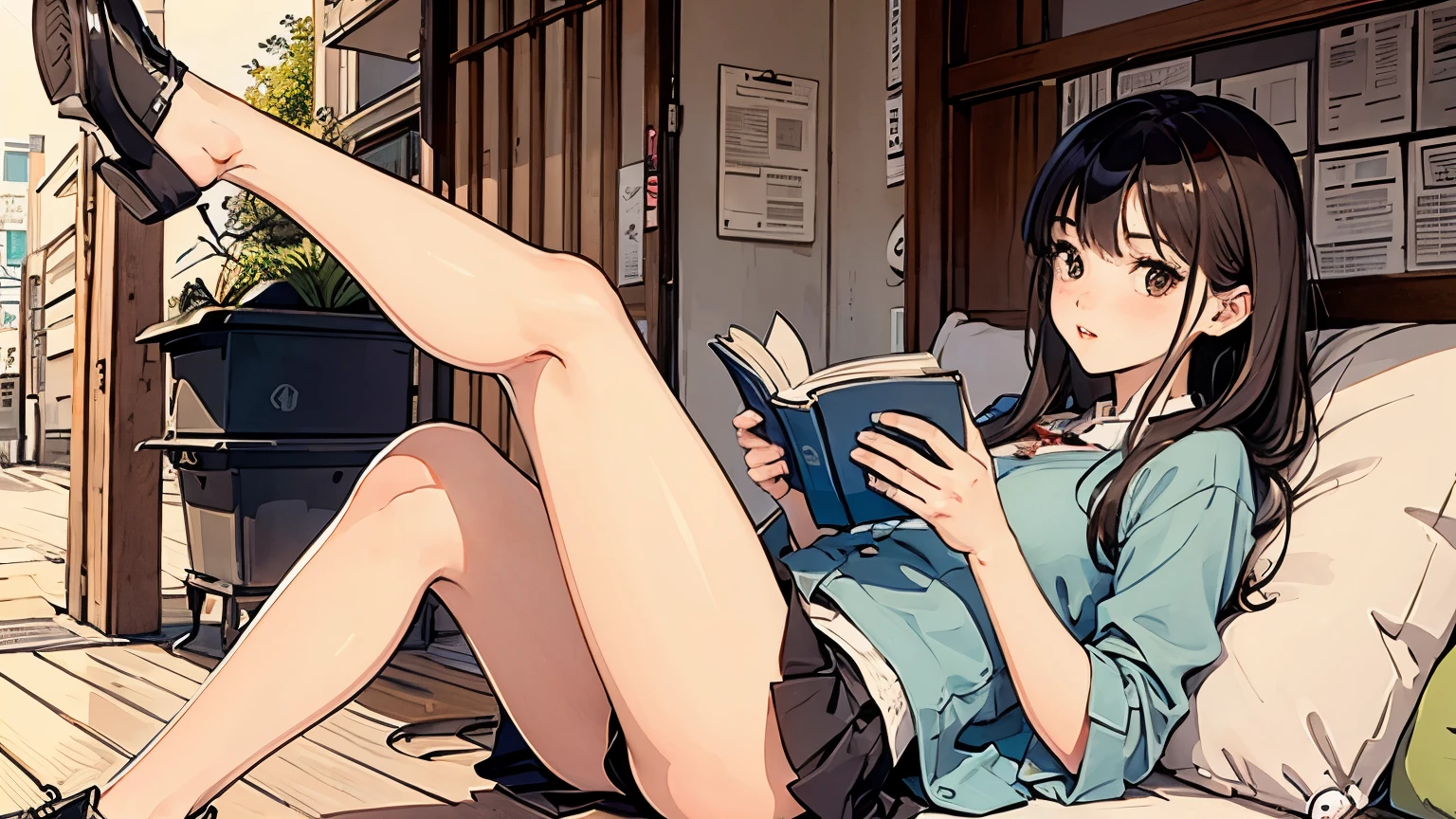 The brunette girl was alone in Tokyo,Reading a book,mini skirt,Attractive legs,Legs are slightly open