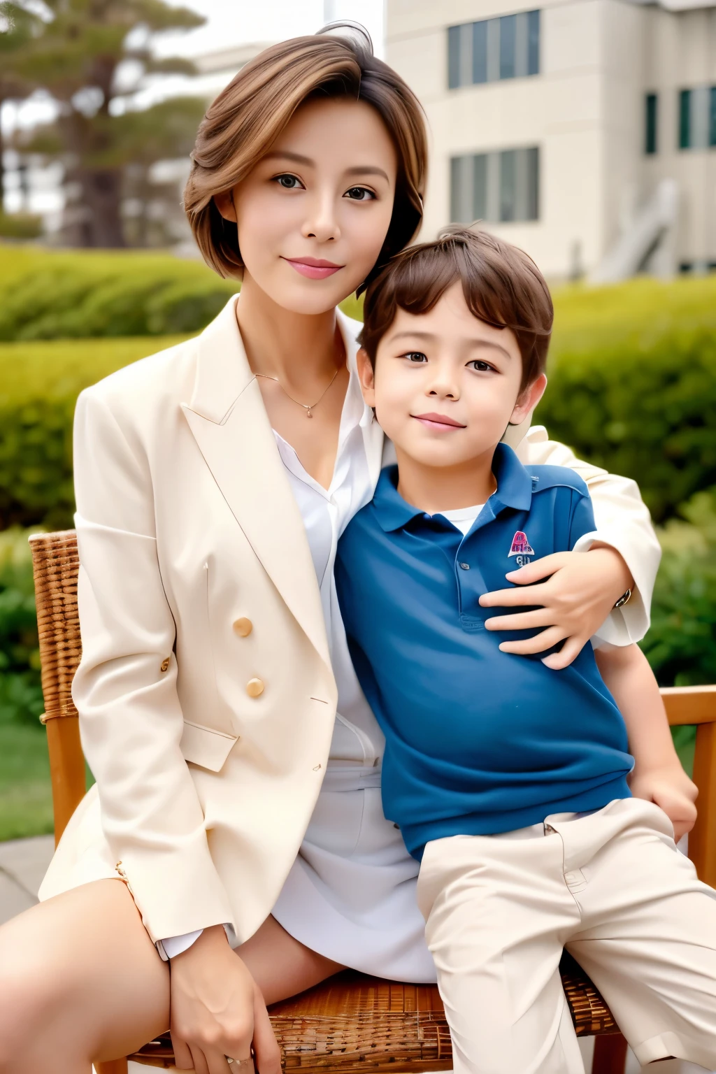 1 female、1 boy、(European:1.2)、(blonde)、(so beautiful)、(Beautiful Face:1.5)、(Brown Hair)、(Detailed face:1.5)、40-year-old woman、(With my son:1.8)、(Sit on a chair and spread your legs:1.2)、(Show me your white panties:1.2)、Grey blazer、(Short skirt)、White shirt、High heels、、Brown Hair、(Detailed face:1.5)、(At S.F.W.:1.6)