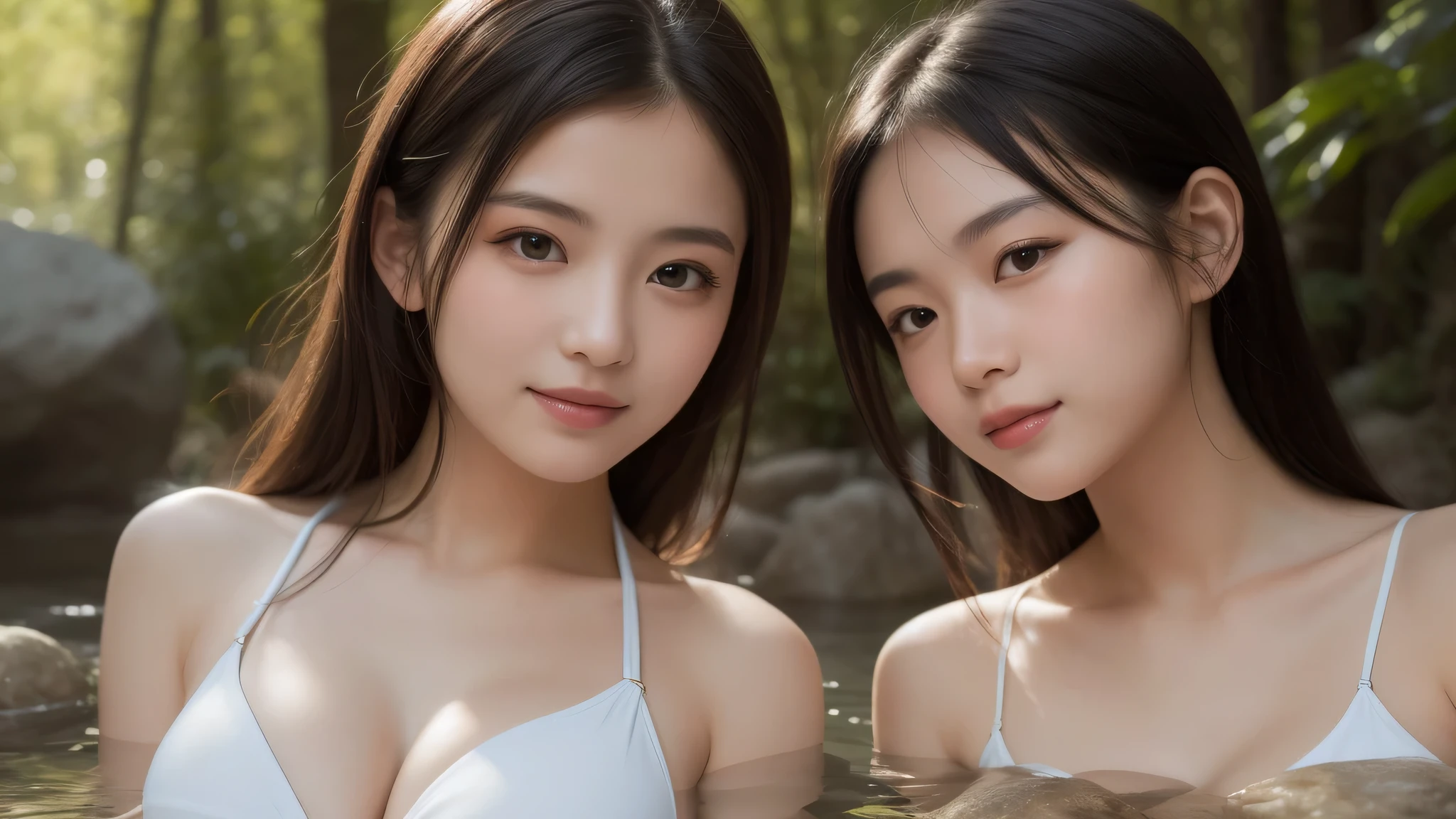 2girl, (elegant face), beautiful, (cleavage, cute bikini:1.2), A gentle smile, (Best Quality:1.4), 8K resolution, High resolution, Ultra High Definition, Superior Quality, Premier Quality, ultra detailed, Photorealistic, RAW Photos, highest quality, masterpiece, professional photography, Realistic portrait, Beautiful detailed, Outdoors, open-air baths, (forests, hot springs:1.2), Rock open-air bath, rocks, trees, plants, Sunbeams filtering through the trees, (Close up portrait of girl:1.2), (Fine face:1.2),