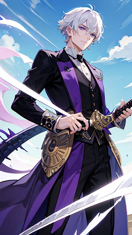 middle aged man , white hair, purple eyes, fantasy world, good figure, handsome, holding a sword, royal clothing, luxurious,anime, plain face, calm, cool dragon,dynasty,Victorian era, England 