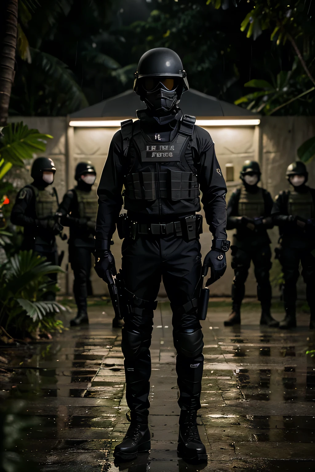 A line of soldier with full black tactical gear: helmet, mask, vest, gun, boots and uniform standing straight, standing in line, in his training bootcamp at the jungle rainforest while its raining at night