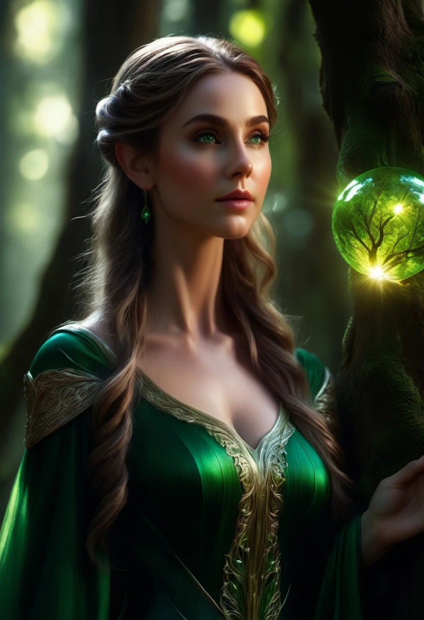 Elf, a beautiful female elf with long flowing hair, detailed facial features, (long pointed ears:1.5), emerald green eyes, wearing an elegant forest green dress, standing in a lush enchanted forest with tall ancient trees, sunlight filtering through the leaves, a magical glowing orb floating nearby, (best quality,4k,8k,highres,masterpiece:1.2),ultra-detailed,(realistic,photorealistic,photo-realistic:1.37),intricate details,cinematic lighting,vibrant colors,fantasy art