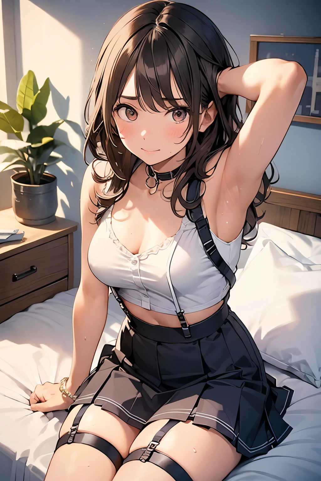 Staring at the audience　　　Black suspenders　　　bulging big breasts　　 　 　　　wall 　mini skirt　garterbelt　garter　　　　　　sight　　　Small face　 　　　holster　　　Beautiful woman　　Show your hand　　 Lying in bed　　sight 　　Taunt　side　side汗 　arm　　belt　summer　Armpit sweat