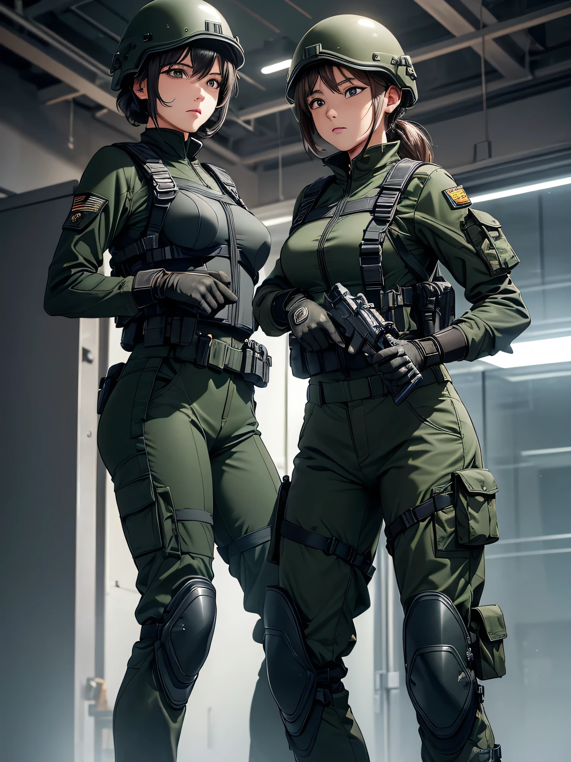 Two female special forces wearing helmets，Close Combat，Tactical gloves，M51 Combat Suit、Dark green military uniform、Dark grey military uniform、The other two wore military pants、Magazine Pouch、Tactical harness、Elbow pads，Knee pads，See the thighs，Write details、masterpiece、best quality、Highly detailed CG、8K picture quality、theater lighting、lens flare