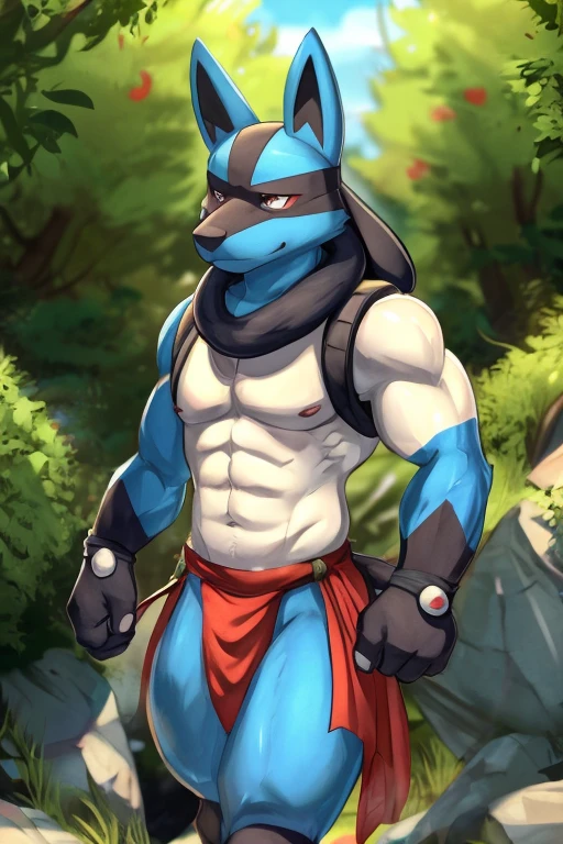 (by zackary911,meatshaq,zourik,ventkazemaru), hi-res, good graphics, great anatomy, anatomically correct, musk, musk clouds, loincloth, outside, hiking, Lucario