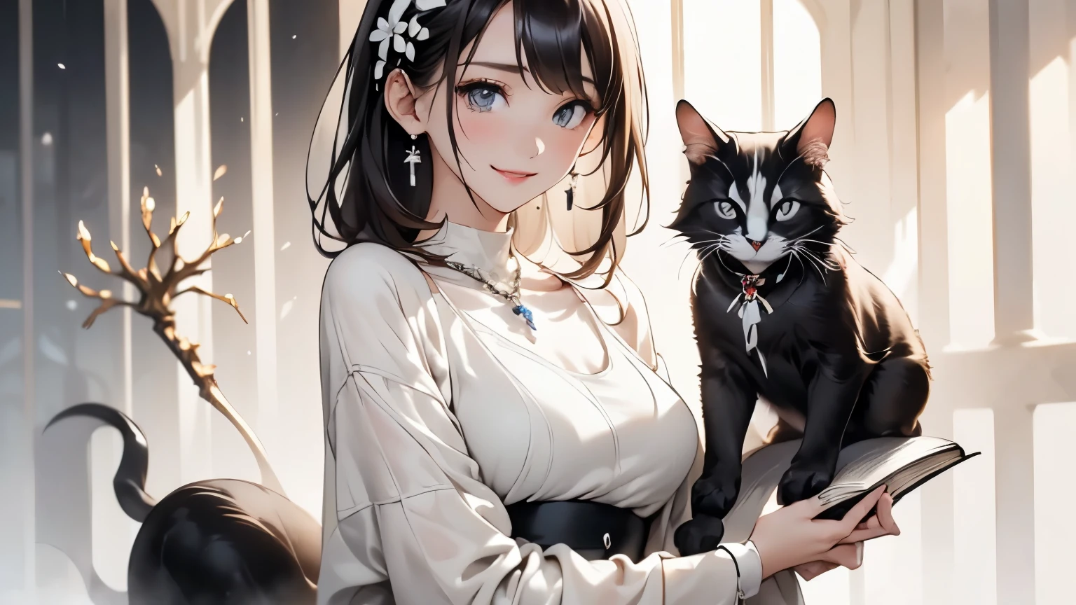 ((Biologically correct limb count))、(( 顔を含むwhole body))、4K、masterpiece、((Focus on the face))、((Symmetrical facial features))、The eyes are detailed、Beautiful woman、Excellent style、Beautiful arms、Beautiful feet、Beautiful Hands、(slim)、Drawing facial details、Small earrings、necklace、(White and uniform gloss、Shiny Dress、High heels、Glowing Skin)smile、(Beautiful feetのアップ)、Sweat、(((Black and White)))、Realistic illustrations,Reading a book,whole body,Attractive legs,book,I have a book