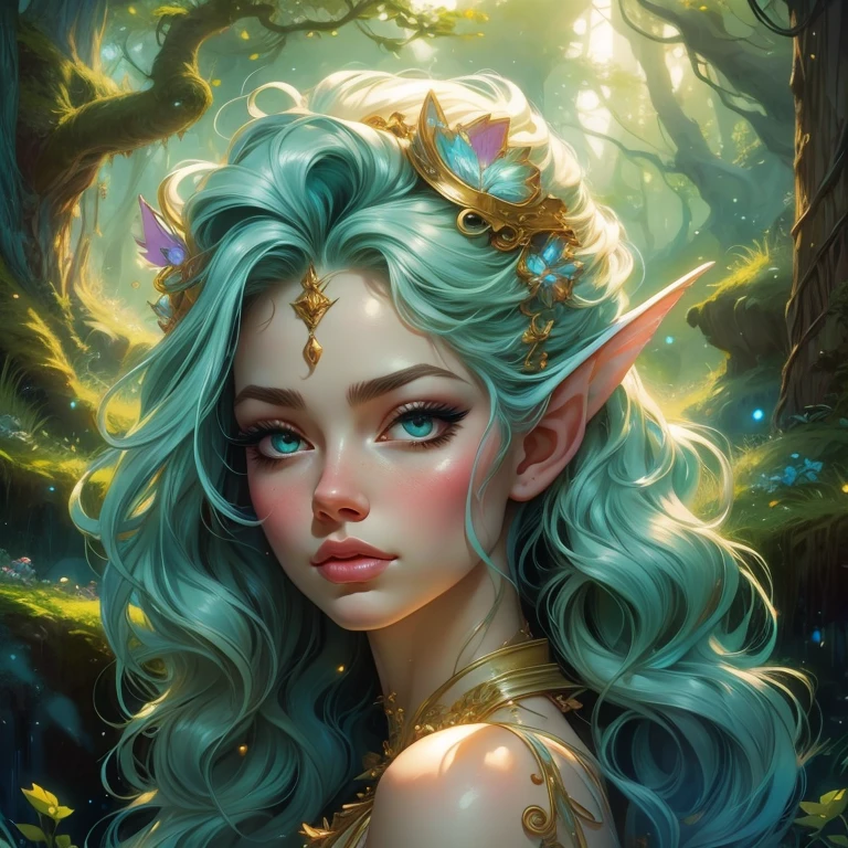 Titania, the delicate and graceful queen of the fairies、Exquisitely detailed portrait、Big beautiful eyes、Long eyelashes、Delicate facial features、corolla、Flowing hair、Graceful pose、Glowing, beautiful skin、Magical Aura、Vibrant colors、A dreamy and fantastical landscape、Lush forest、Hidden fairy magic、Cinematic lighting、Photorealistic、8k、highest quality、masterpiece