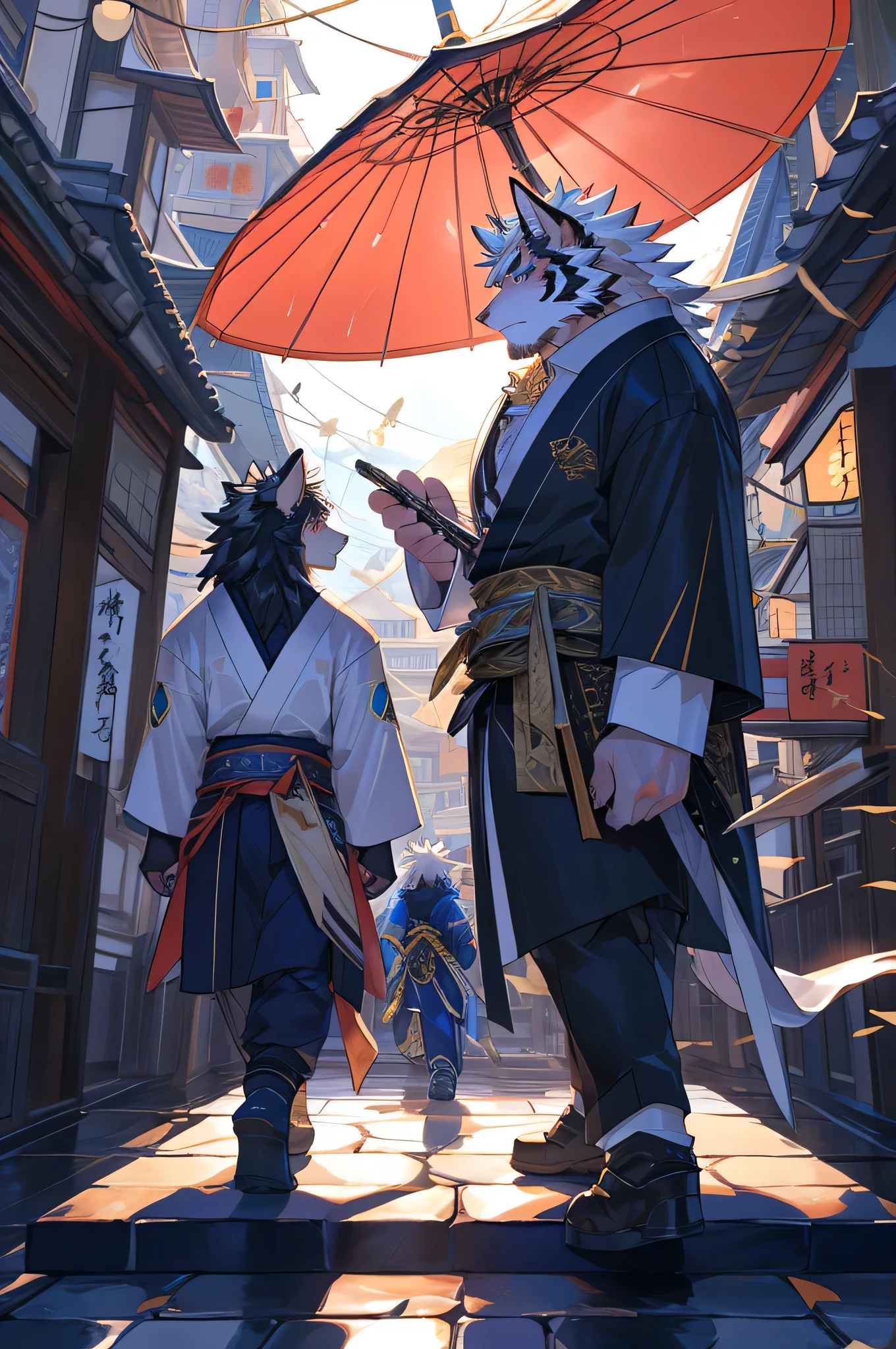 21 Actual,Walking in the city rain with an umbrella, Highest quality,masterpiece,Professional furry,fursona wearing fashionable clothes,Japanese cartoons, two wolf beastmen and tigers pass by each other sitting on a ledge looking at the sky, Xin Haicheng cyril rolando, guweiz and Xin Haicheng, moebius and Xin Haicheng, ( ( Xin Haicheng ) ), ross tran and Xin Haicheng, colorful Japanese cartoons movie background, Japanese cartoons movie background, Japanese cartoons film still, screenshot from the Japanese cartoons film