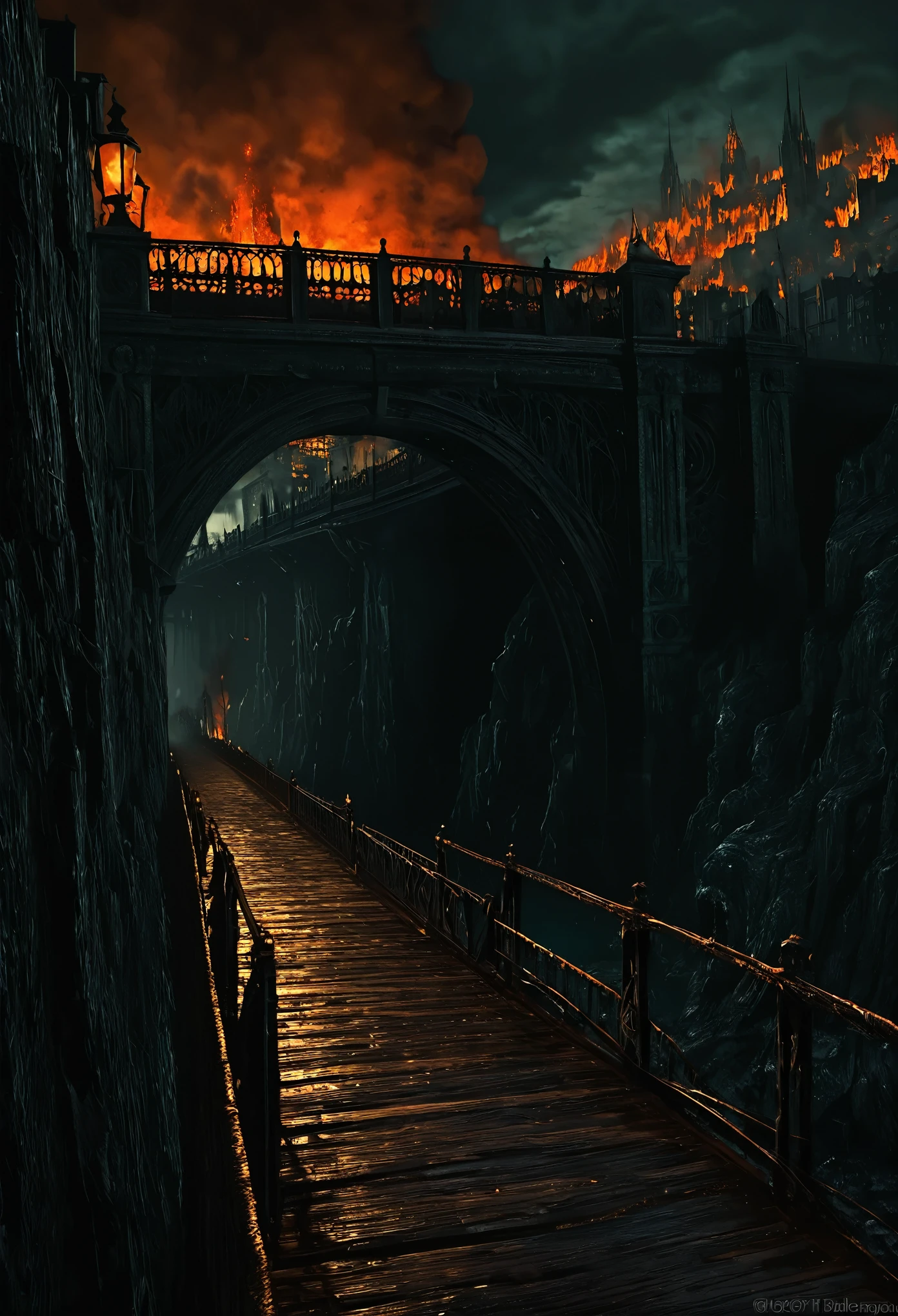 Hell landscape,In the foreground are tall buildings and a bridge, Rendered in the refined and masterful style of Gustave Doré. The scene quality is the highest, With ultra-detailed elements and realistic effects. Capturing the hellish atmosphere with vivid and intense colors, Describe a fiery and sinister environment. The lighting is dramatic, Shadows and flickering flames add depth and contrast to the scene.. The bridge is the focal point, The road to the hell city in the distance. These buildings are exquisitely designed, Showing the grandeur and architecture of the underground world. The overall composition exudes a sense of darkness and despair, Evoke the powerful and memorable images of Dore's iconic illustrations.