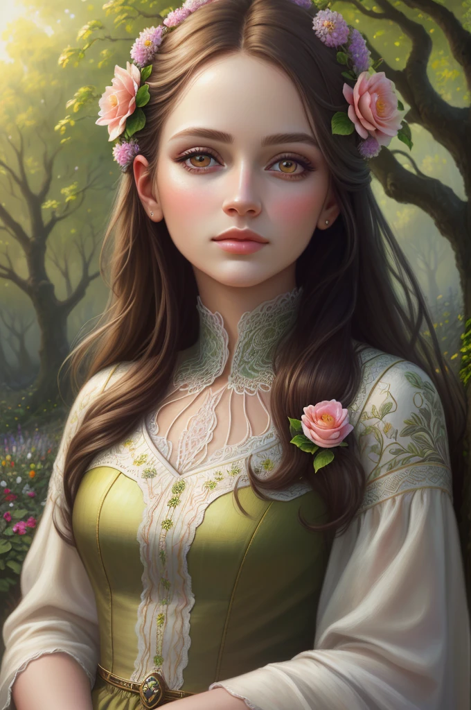 best quality,highres,ultra-detailed,realistic,professional,portraits,detailed eyes and face,beautiful detailed lips,longeyelashes,1girl,beautiful garden scene,soft natural lighting,vivid colors, oil painting style,sharp focus,detailed flowers and trees,serene atmosphere