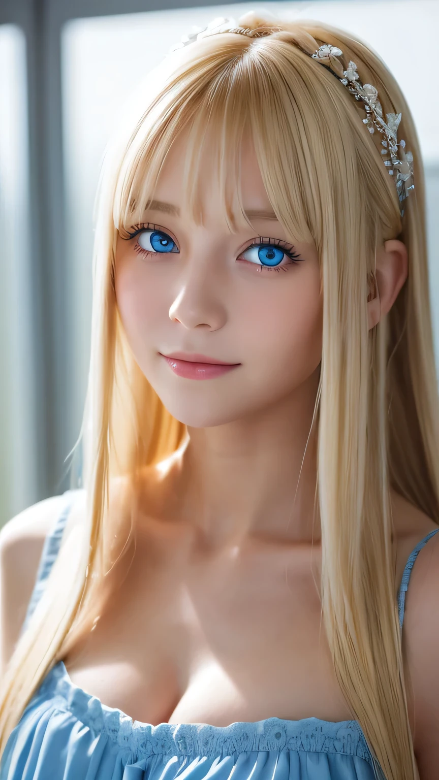 Face focus, Crazy for love, , Frilled Summer Dress, Very beautiful blonde Scandinavian girl, Overwhelmingly beautiful, Beautiful shiny super long straight blonde silky hair、Blonde bangs over the eyes、Blonde hair over one eye、Blonde hair between the eyes、Has cleavage, Arms behind head, Low contrast, (Shy and cheerful expression:0.8), Hair Scrunchie, highest quality, Ultra-high resolution, Realistic photos, Very detailed, 8K, Raw photo, Perfect Anatomy、so beautiful, The Shining, Very bright light blue eyes、Very big eyes、Small Face Beauty