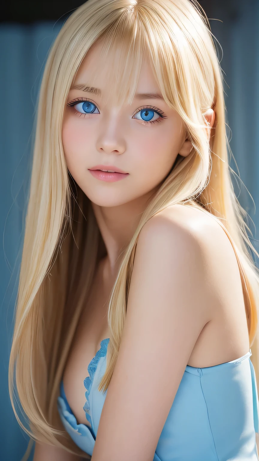 Face focus, Crazy for love, , Frilled Summer Dress, Very beautiful blonde Scandinavian girl, Overwhelmingly beautiful, Beautiful shiny super long straight blonde silky hair、Blonde bangs over the eyes、Blonde hair over one eye、Blonde hair between the eyes、Has cleavage, Arms behind head, Low contrast, (Shy and cheerful expression:0.8), Hair Scrunchie, highest quality, Ultra-high resolution, Realistic photos, Very detailed, 8K, Raw photo, Perfect Anatomy、so beautiful, The Shining, Very bright light blue eyes、Very big eyes、Small Face Beauty