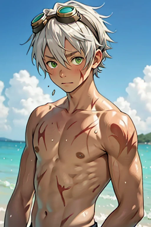 Tied up　string　torture　Fight　Young people　Swimwear　male　Embarrassing　Pull　suffer　thin　Gray Hair　juvenile　anime　Upper body naked　Droopy eyes 　Tea skin　Sunburn　Brown Skin　Embarrassing　Put goggles over your head　Green Eyes