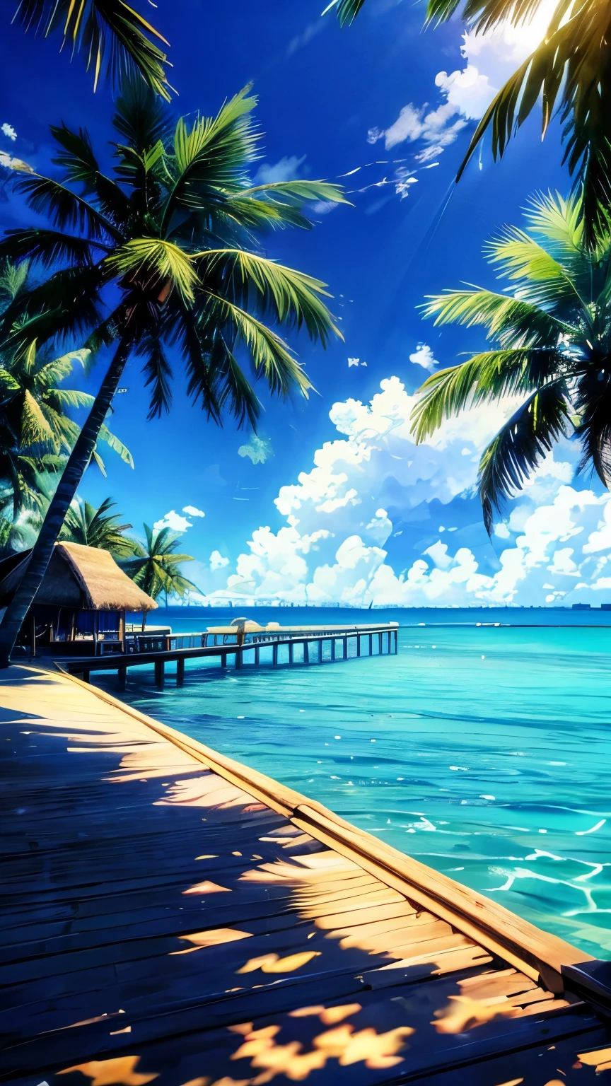 a wooden pier leading to a beach with a thatched hut and palm trees, maldives in background, beautiful place, turquoise water, blue waters, at a tropical beach, azure blue water, turquoise ocean, tropical ocean, paradise in the background, clear blue water, ocean in the background, crystal clear blue water, near a jetty, tropical beach paradise, tropical beach