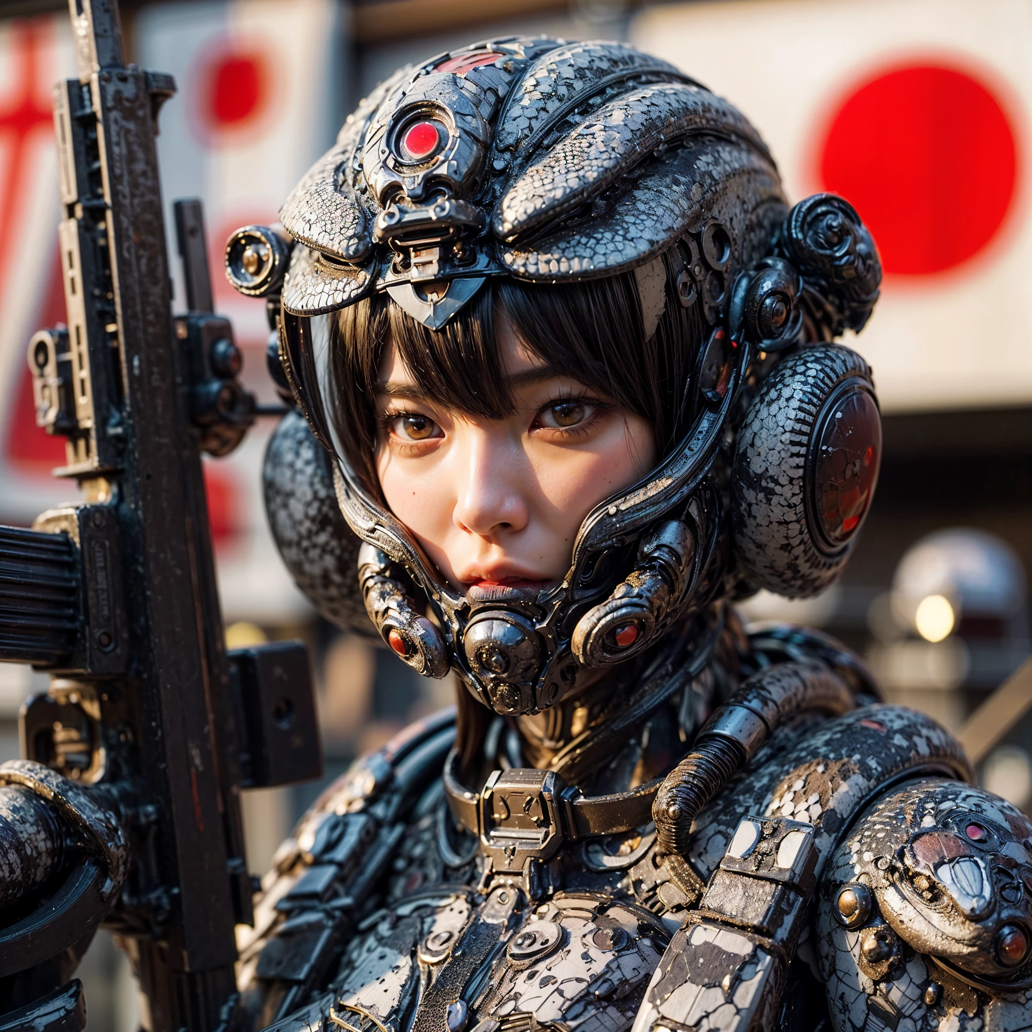 (top-quality:1.2, masterpiece), ultra high resolution, (Photorealsitic:1.4), (crab-base body),  1 Japanese female, extremely realistic face, (white hair), ((ultimately intricate all details)), (whole body picture), realistic shadow, octan render, glossy textures, character edge light, Details of complex ornaments,  dystopia with a beautiful view at night, fighting pose