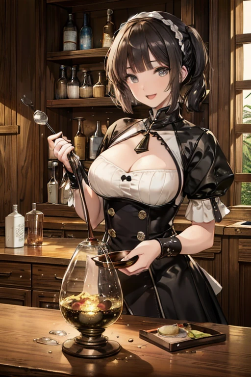 (fantasy:1.5),(anime,8k,masterpiece, top quality, best quality,beautiful and aesthetic:1.2,professional illustrasion:1.1,ultra detail:1.3,perfect lighting),extremely detailed,highest detailed,incredibly absurdres , highres, ultra detailed,intricate:1.6,(Alchemy Workshop:1.4),A girl mixing,Medicine in many small bottles,holding small potion,colorful:1.4,zentangle,(1girl),(girl),(Three kingdoms female warload),(highly detailed beautiful face and eyes,firm breasts),oily skin,((black,hair,short bob with short pony tail hair)),thin pubic hair,cute,lovely,34 years old,alchemist costume,Merchant's Clothing,smile,in the kitchen,smile,seductive weak smiling,(with sparkling eyes and a contagious smile),open mouth, Looking at Viewer,