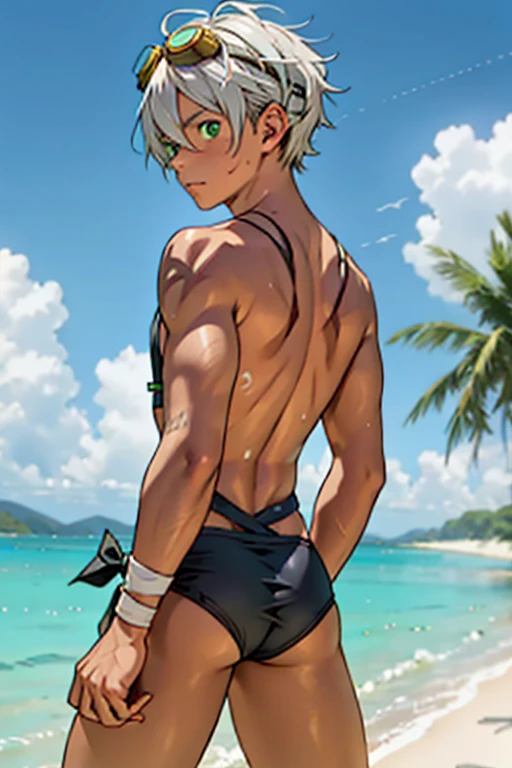 Tied up　string　torture　Fight　Young people　Swimwear　male　Embarrassing　Pull　suffer　thin　Gray Hair　juvenile　anime　Upper body naked　Droopy eyes 　Tea skin　Sunburn　Brown Skin　Embarrassing　Put goggles over your head　Green Eyes　thin脚　return　behind　Spread your legs　View from behind