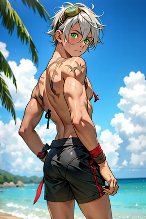 Tied up string Fight Young people Swimwear male Embarrassing Pull suffer thin Gray Hair juvenile anime Upper body naked Droopy eyes Tea skin Sunburn Brown Skin Embarrassing Put goggles over your head Green Eyes thin脚 return behind Spread your legs View from behind