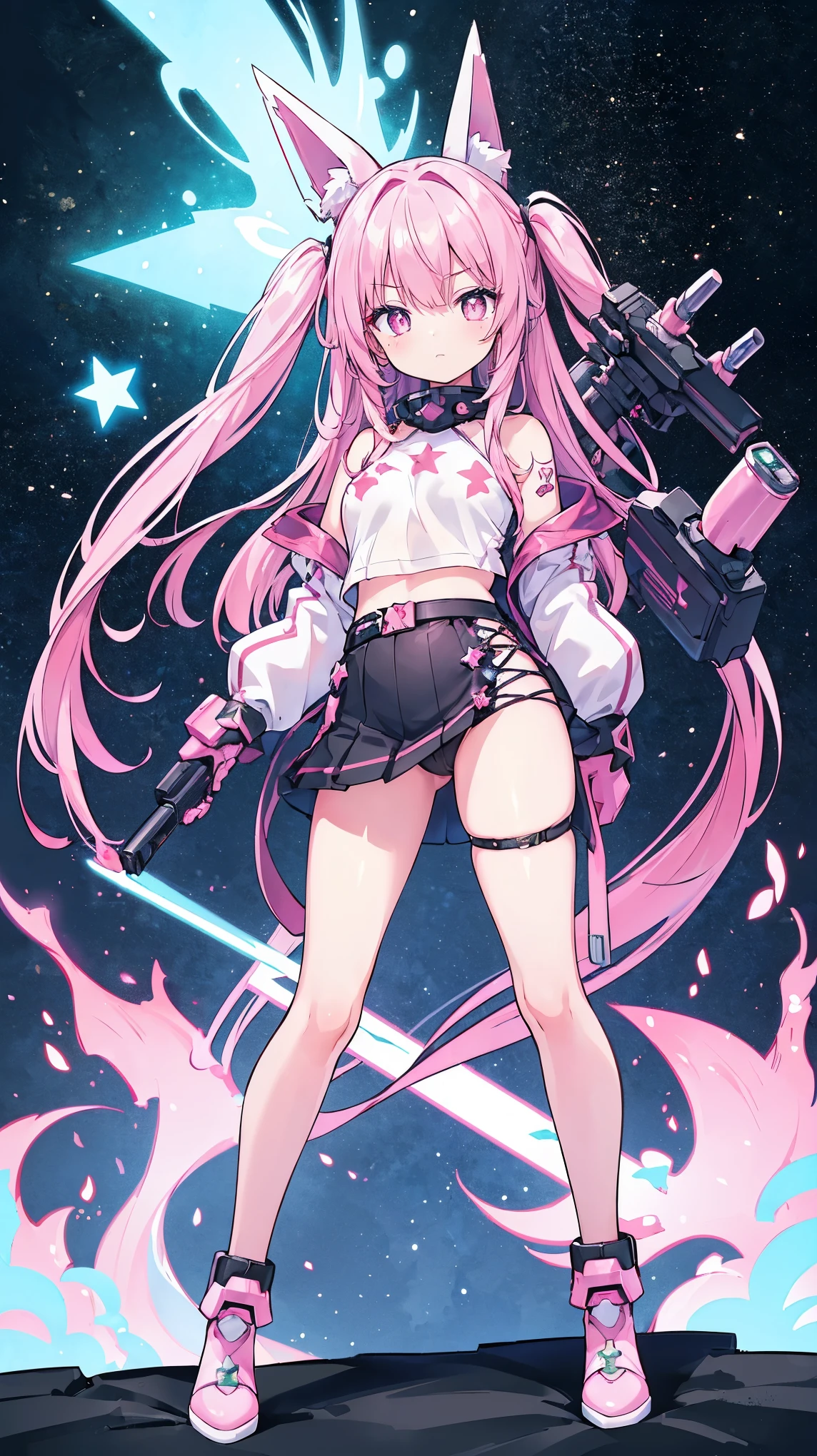 ((masterpiece))) whole body, whole body Shot (One Girl) ((Pink Hair, Long Hair, Straight hair, Both sides up))), ((Green Eyes))), eye shadow, eyeliner, Glow Eye, Hyper Detail Eye, Complex eyes, Beautiful Eyes, Fine grain, (((Star-shaped pupils, Shining pink eyes))) 18-year-old girl. (Wearing a transparent PVC jacket)) huge cool weapon mechanical in hand, huge cool weapon mechanical, Mecha, Mechaanism, mechanical, Open Stance, Coalesce