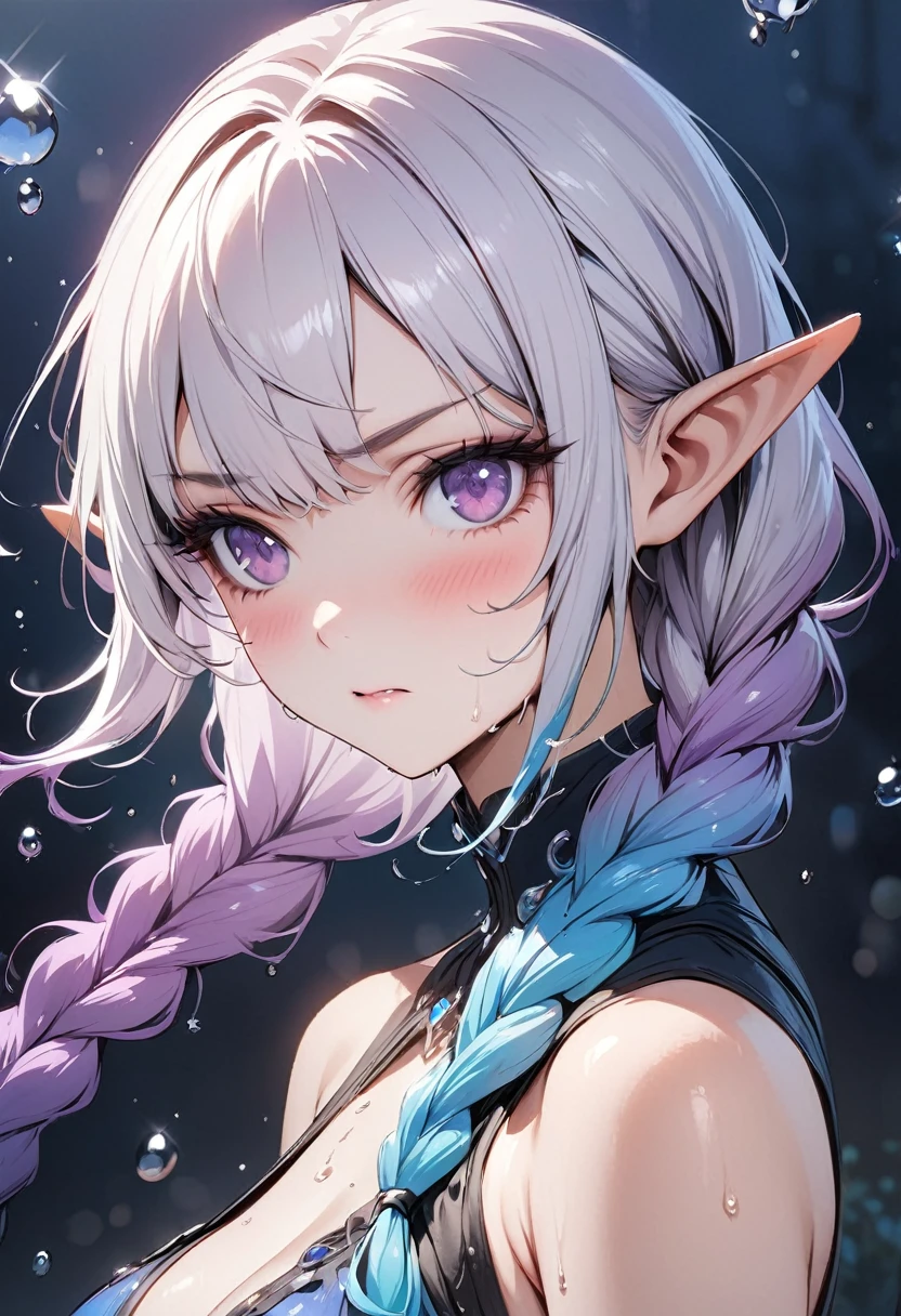 (masterpiece, illustration, best quality:1.5), 1 Elf girl, yinji, pointy ears, purple hair, purple eyes, long hair, white hair, double braids, gradient hair, water blue body painting, global illumination, finely detailed, beautiful face, beautiful detailed shading, (3_water_droplets), tilted halos, body lightly covered with frost, water elements, water drops, water, jowelery and wet atmosphere,beautifully detailed background, cinematic, black ice, pink and blue gems , transparent sky blue scarf , royal blue dress