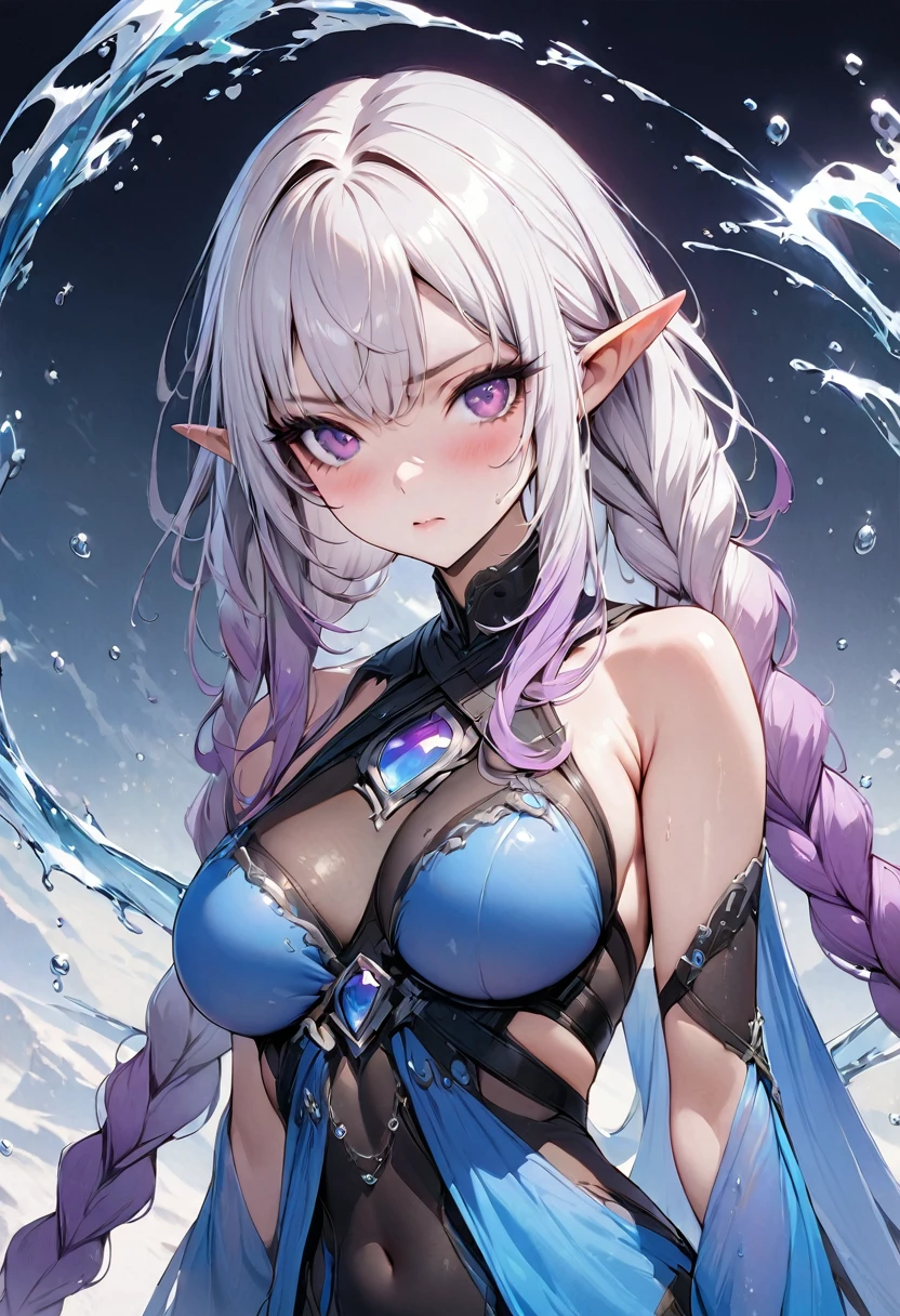 (masterpiece, illustration, best quality:1.5), 1 Elf girl, yinji, pointy ears, purple hair, purple eyes, long hair, white hair, double braids, gradient hair, water blue body painting, global illumination, finely detailed, beautiful face, beautiful detailed shading, (3_water_droplets), tilted halos, body lightly covered with frost, water elements, water drops, water, jowelery and wet atmosphere,beautifully detailed background, cinematic, black ice, pink and blue gems , transparent sky blue scarf , royal blue dress