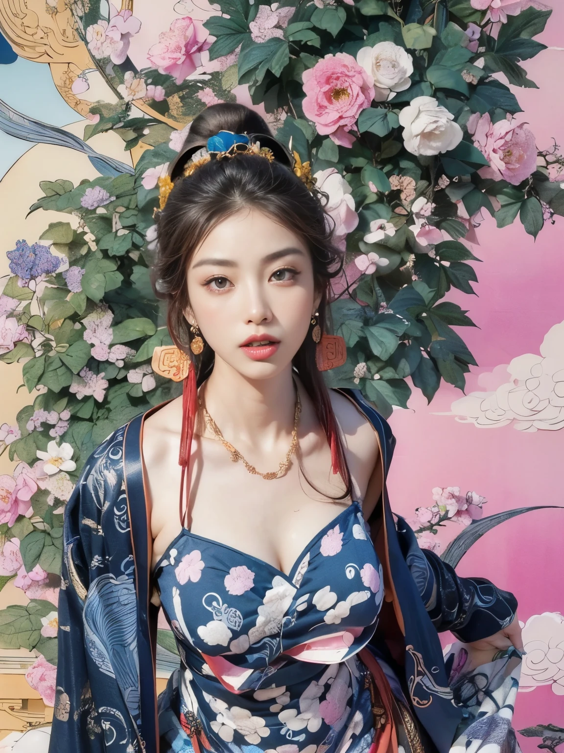 (masterpiece, Top quality, best quality, Official Art, beauty:1.2),(最詳細清晰的contour和五官:2.0,contour:1.0) (1 Chinese Goddess:1.5), Very detailed,(Dunhuang艺术:1.1),(Dunhuang,rich and colorful:1.1)(Flowers:1.3),Most detailed,(Zentangle:1.2), (Dynamic poses,Show your thighs:2.0), (blue sky white clouds moon background:1.3), (Chinese embroidered Hanfu:1.2), (shiny skin,Camel toe:1.2), (Many colors:1.4), ,(earrings:1.4),