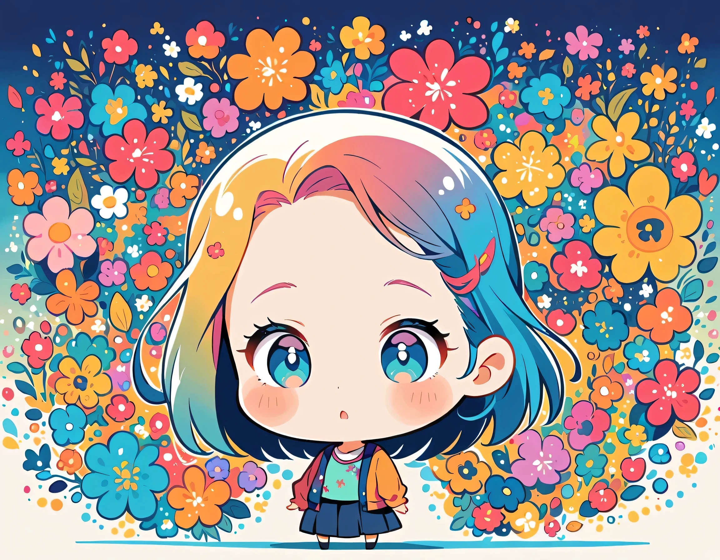 Watase Seizo style, Standing in front of a high wall,Simple Line Initialism,Abstract art,Urban Background, (((The most beautiful girl))), (((chibi))), colorful flowers