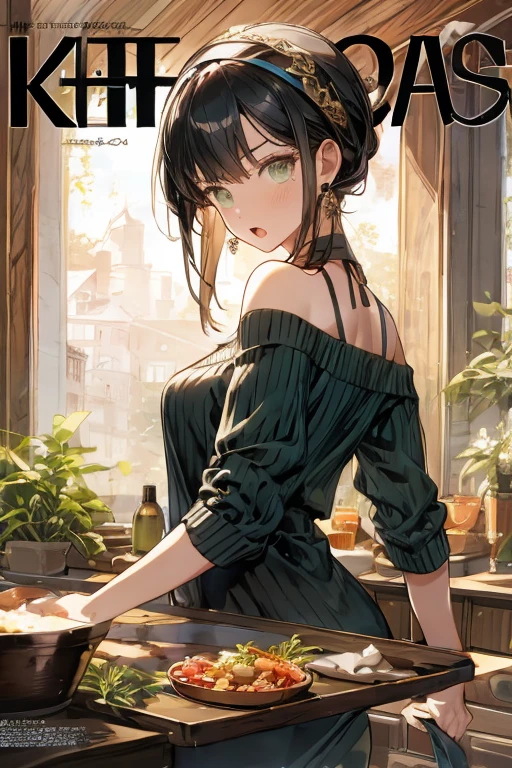(small breasts:1.3), (perky chest:1.1), (pointed chest:1.0), (fashion magazine cover:1.3),(from below:1.0),(from side:0.9),masterpiece, 1girl, Amazing Cleavage:1.1, thin waist, big ass, Raised sexy, small breast: 1.3, posed cleavage:1.2、solo, looking at viewer, open mouth, have a cute grass of cute beergrass,black hair, dark green eyes, dress, bare shoulders, jewelry, collarbone, sidelocks, hairband, earrings, indoors, off shoulder, :o, sweater, arms behind back, plant, short hair with long locks, gild hairband, off-shoulder dress, sweater dress, off-shoulder sweater, red sweater, dark gord hair, big side hair, very long side hair,is rendered in (masterpiece: 1.2, best quality), with (ultra high resolution) and an exquisite (depth of field). This masterpiece is not only visually stunning but also tells,A scene of cooking in the kitchen by classroom